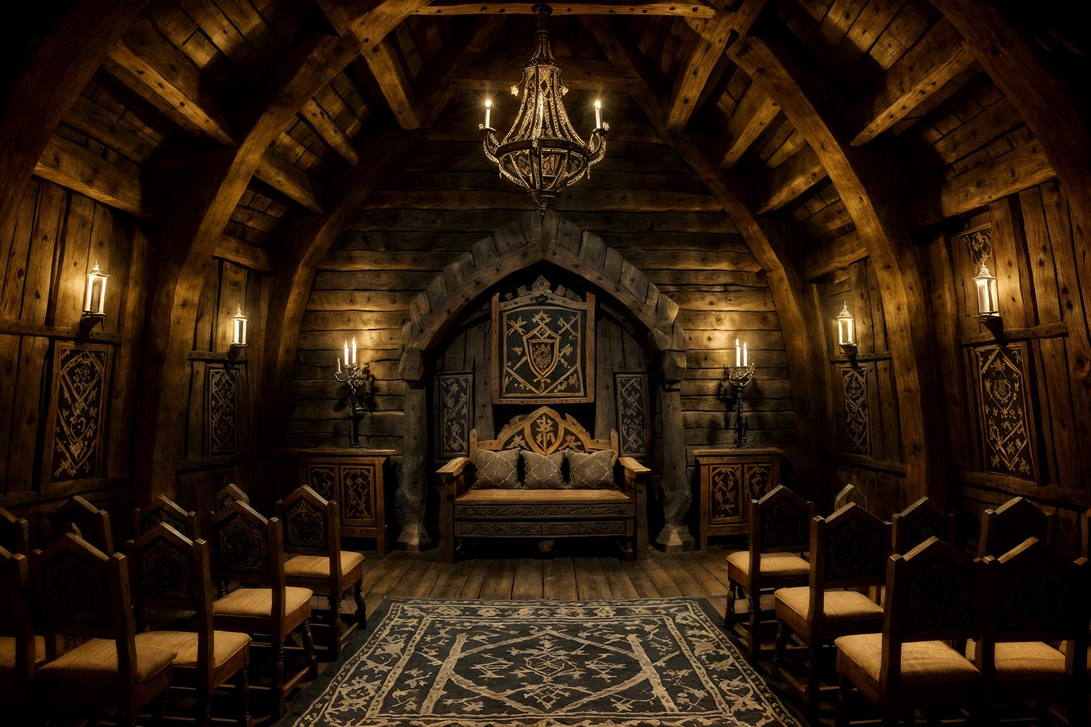 medieval-style (attic interior) . with gothic appearance and stone walls and carved wooden chairs and castle interior and medieval shields on the wall and castle interior and intricate wooden inlay designs and carvings and upholstery on chairs and sofas. . cinematic photo, highly detailed, cinematic lighting, ultra-detailed, ultrarealistic, photorealism, 8k. medieval interior design style. masterpiece, cinematic light, ultrarealistic+, photorealistic+, 8k, raw photo, realistic, sharp focus on eyes, (symmetrical eyes), (intact eyes), hyperrealistic, highest quality, best quality, , highly detailed, masterpiece, best quality, extremely detailed 8k wallpaper, masterpiece, best quality, ultra-detailed, best shadow, detailed background, detailed face, detailed eyes, high contrast, best illumination, detailed face, dulux, caustic, dynamic angle, detailed glow. dramatic lighting. highly detailed, insanely detailed hair, symmetrical, intricate details, professionally retouched, 8k high definition. strong bokeh. award winning photo.