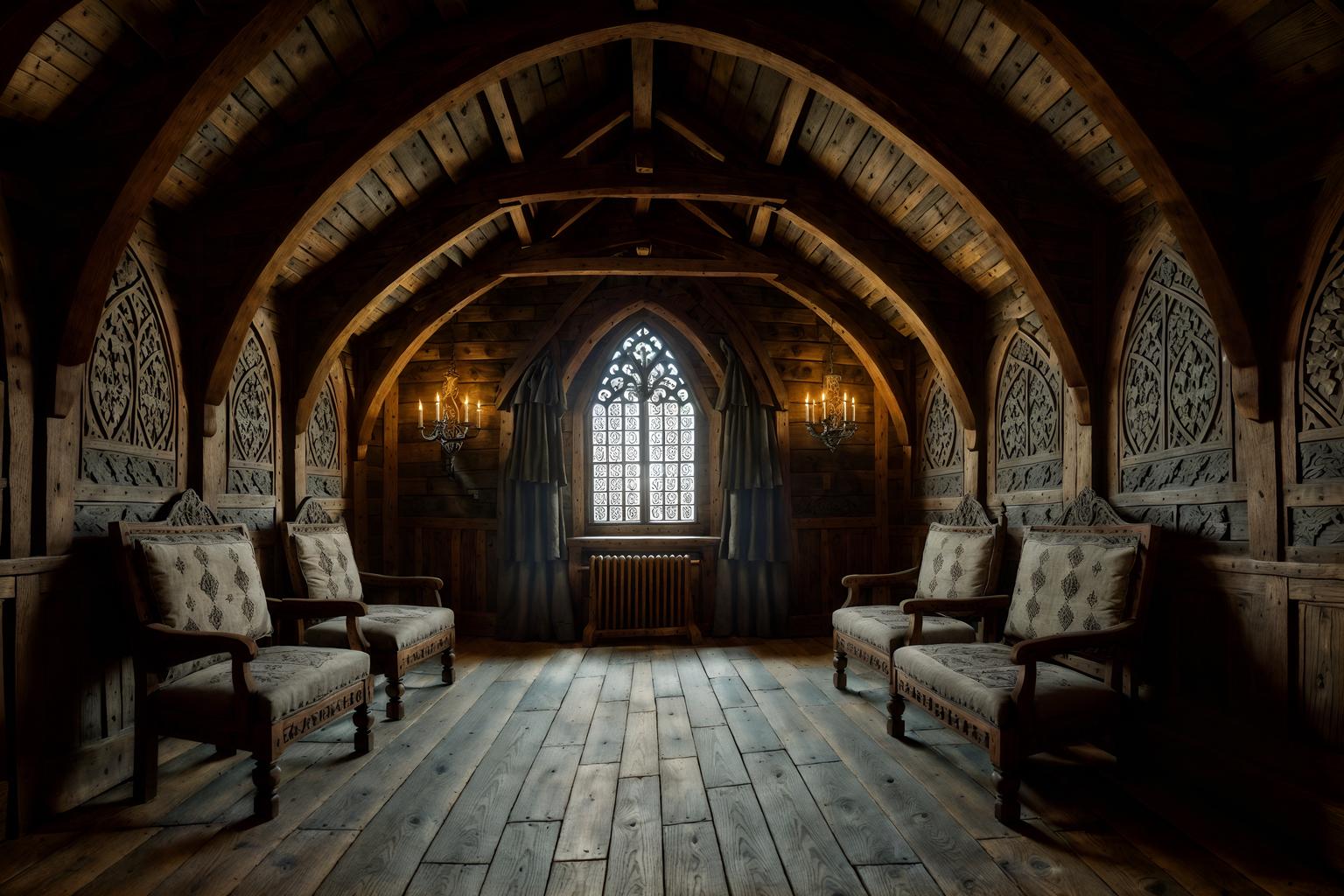 medieval-style (attic interior) . with gothic appearance and stone walls and carved wooden chairs and castle interior and medieval shields on the wall and castle interior and intricate wooden inlay designs and carvings and upholstery on chairs and sofas. . cinematic photo, highly detailed, cinematic lighting, ultra-detailed, ultrarealistic, photorealism, 8k. medieval interior design style. masterpiece, cinematic light, ultrarealistic+, photorealistic+, 8k, raw photo, realistic, sharp focus on eyes, (symmetrical eyes), (intact eyes), hyperrealistic, highest quality, best quality, , highly detailed, masterpiece, best quality, extremely detailed 8k wallpaper, masterpiece, best quality, ultra-detailed, best shadow, detailed background, detailed face, detailed eyes, high contrast, best illumination, detailed face, dulux, caustic, dynamic angle, detailed glow. dramatic lighting. highly detailed, insanely detailed hair, symmetrical, intricate details, professionally retouched, 8k high definition. strong bokeh. award winning photo.