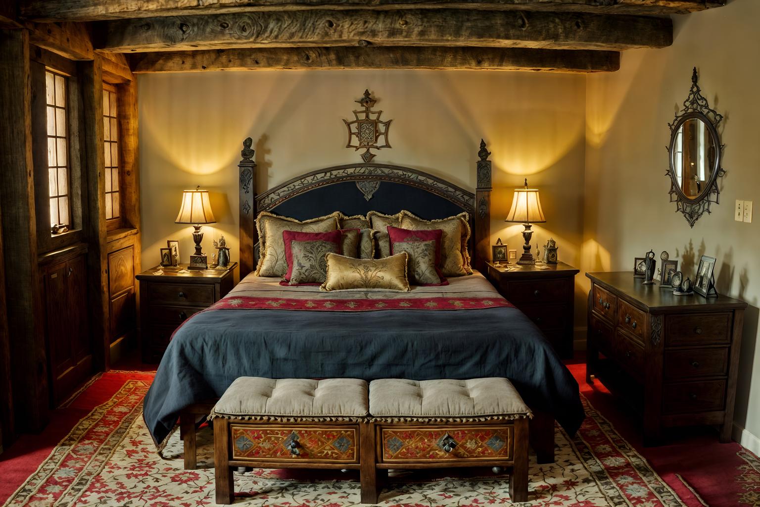 medieval-style (bedroom interior) with dresser closet and bedside table or night stand and mirror and storage bench or ottoman and accent chair and headboard and plant and night light. . with castle interior and gothic appearance and timber beams and deep colors like red, gold, or blue and upholstery on chairs and sofas and stone walls and intricate wooden inlay designs and carvings and stone or wooden floor. . cinematic photo, highly detailed, cinematic lighting, ultra-detailed, ultrarealistic, photorealism, 8k. medieval interior design style. masterpiece, cinematic light, ultrarealistic+, photorealistic+, 8k, raw photo, realistic, sharp focus on eyes, (symmetrical eyes), (intact eyes), hyperrealistic, highest quality, best quality, , highly detailed, masterpiece, best quality, extremely detailed 8k wallpaper, masterpiece, best quality, ultra-detailed, best shadow, detailed background, detailed face, detailed eyes, high contrast, best illumination, detailed face, dulux, caustic, dynamic angle, detailed glow. dramatic lighting. highly detailed, insanely detailed hair, symmetrical, intricate details, professionally retouched, 8k high definition. strong bokeh. award winning photo.