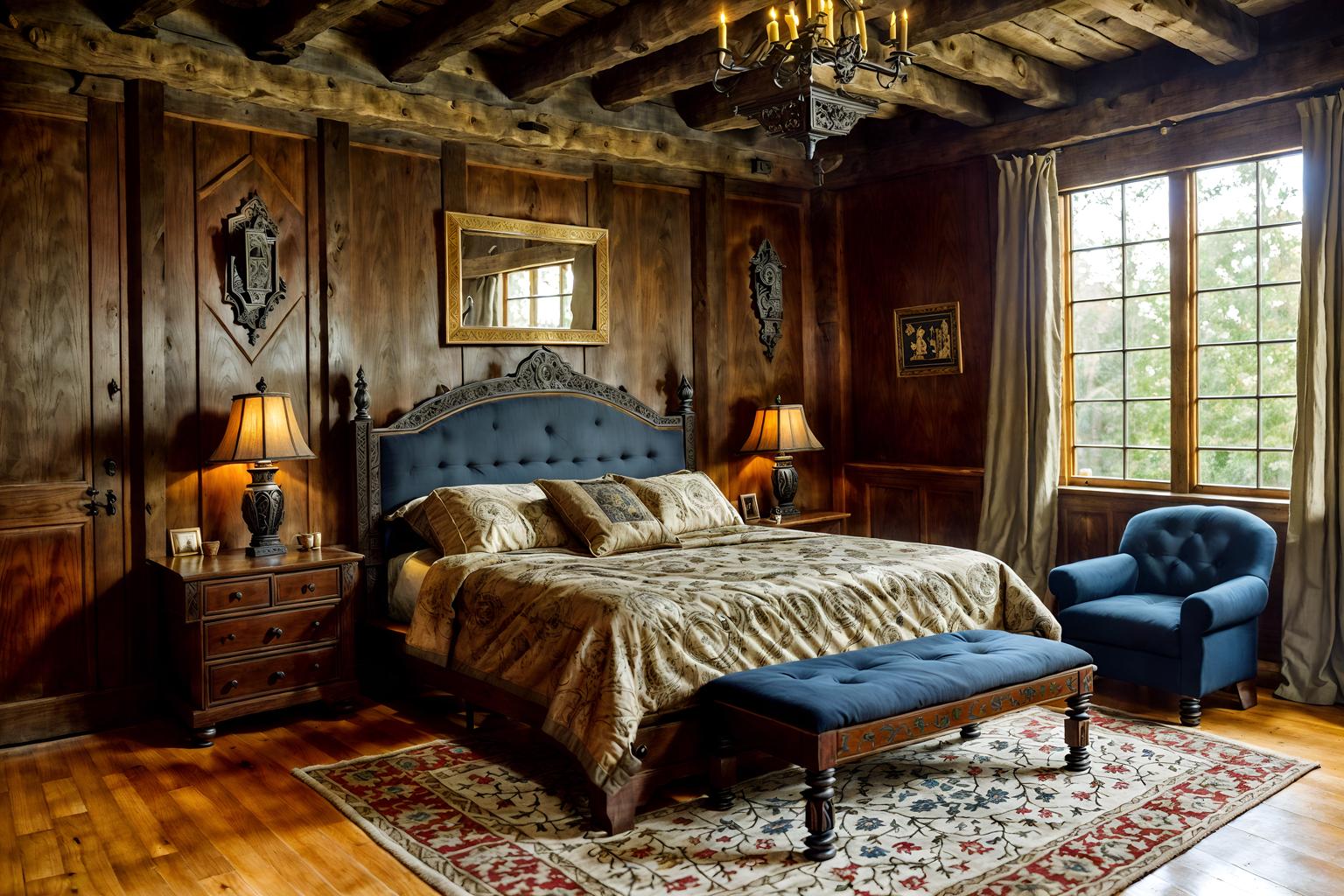 medieval-style (bedroom interior) with dresser closet and bedside table or night stand and mirror and storage bench or ottoman and accent chair and headboard and plant and night light. . with castle interior and gothic appearance and timber beams and deep colors like red, gold, or blue and upholstery on chairs and sofas and stone walls and intricate wooden inlay designs and carvings and stone or wooden floor. . cinematic photo, highly detailed, cinematic lighting, ultra-detailed, ultrarealistic, photorealism, 8k. medieval interior design style. masterpiece, cinematic light, ultrarealistic+, photorealistic+, 8k, raw photo, realistic, sharp focus on eyes, (symmetrical eyes), (intact eyes), hyperrealistic, highest quality, best quality, , highly detailed, masterpiece, best quality, extremely detailed 8k wallpaper, masterpiece, best quality, ultra-detailed, best shadow, detailed background, detailed face, detailed eyes, high contrast, best illumination, detailed face, dulux, caustic, dynamic angle, detailed glow. dramatic lighting. highly detailed, insanely detailed hair, symmetrical, intricate details, professionally retouched, 8k high definition. strong bokeh. award winning photo.