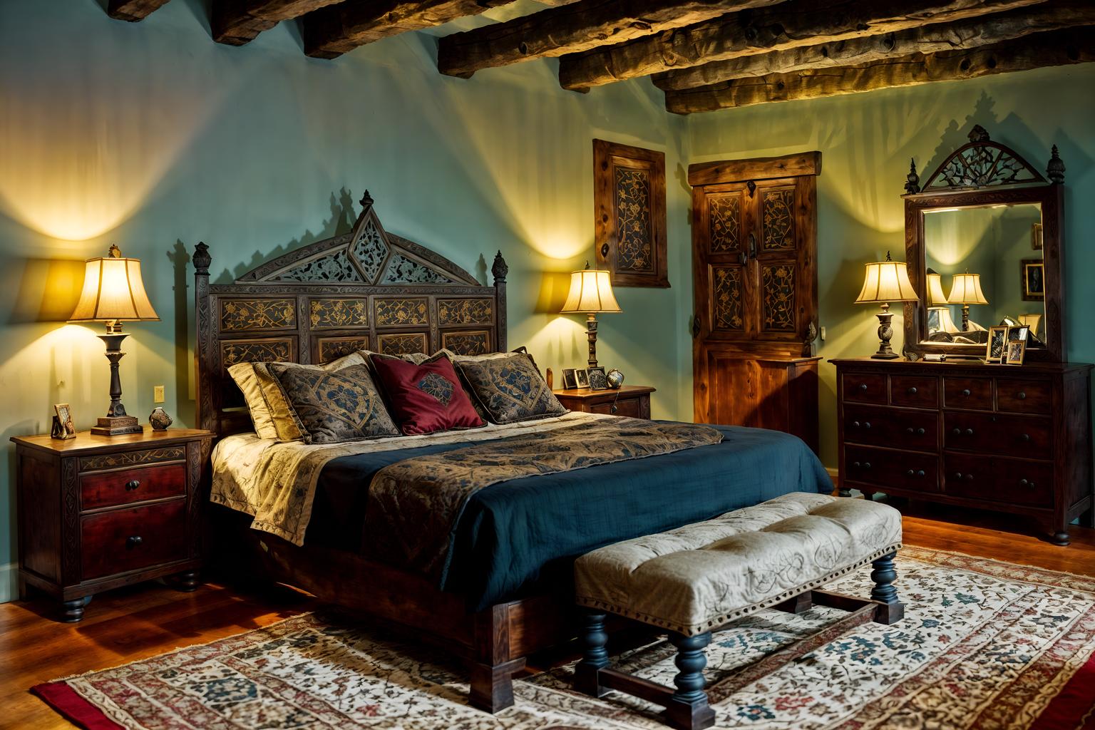 medieval-style (bedroom interior) with dresser closet and bedside table or night stand and mirror and storage bench or ottoman and accent chair and headboard and plant and night light. . with castle interior and gothic appearance and timber beams and deep colors like red, gold, or blue and upholstery on chairs and sofas and stone walls and intricate wooden inlay designs and carvings and stone or wooden floor. . cinematic photo, highly detailed, cinematic lighting, ultra-detailed, ultrarealistic, photorealism, 8k. medieval interior design style. masterpiece, cinematic light, ultrarealistic+, photorealistic+, 8k, raw photo, realistic, sharp focus on eyes, (symmetrical eyes), (intact eyes), hyperrealistic, highest quality, best quality, , highly detailed, masterpiece, best quality, extremely detailed 8k wallpaper, masterpiece, best quality, ultra-detailed, best shadow, detailed background, detailed face, detailed eyes, high contrast, best illumination, detailed face, dulux, caustic, dynamic angle, detailed glow. dramatic lighting. highly detailed, insanely detailed hair, symmetrical, intricate details, professionally retouched, 8k high definition. strong bokeh. award winning photo.