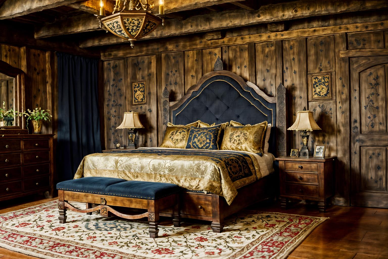 medieval-style (bedroom interior) with dresser closet and bedside table or night stand and mirror and storage bench or ottoman and accent chair and headboard and plant and night light. . with castle interior and gothic appearance and timber beams and deep colors like red, gold, or blue and upholstery on chairs and sofas and stone walls and intricate wooden inlay designs and carvings and stone or wooden floor. . cinematic photo, highly detailed, cinematic lighting, ultra-detailed, ultrarealistic, photorealism, 8k. medieval interior design style. masterpiece, cinematic light, ultrarealistic+, photorealistic+, 8k, raw photo, realistic, sharp focus on eyes, (symmetrical eyes), (intact eyes), hyperrealistic, highest quality, best quality, , highly detailed, masterpiece, best quality, extremely detailed 8k wallpaper, masterpiece, best quality, ultra-detailed, best shadow, detailed background, detailed face, detailed eyes, high contrast, best illumination, detailed face, dulux, caustic, dynamic angle, detailed glow. dramatic lighting. highly detailed, insanely detailed hair, symmetrical, intricate details, professionally retouched, 8k high definition. strong bokeh. award winning photo.