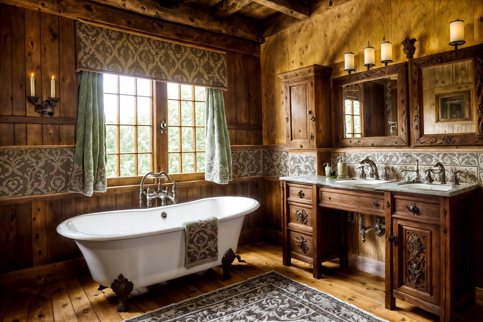 medieval-style (bathroom interior) with plant and waste basket and bath towel and bathroom cabinet and shower and bathroom sink with faucet and bath rail and mirror. . with heavy furniture pieces and timber beams and stone or wooden floor and castle interior and velvet, chenille, damask, and brocade draperies and fabrics and castle interior and carved wooden chairs and intricate wooden inlay designs and carvings. . cinematic photo, highly detailed, cinematic lighting, ultra-detailed, ultrarealistic, photorealism, 8k. medieval interior design style. masterpiece, cinematic light, ultrarealistic+, photorealistic+, 8k, raw photo, realistic, sharp focus on eyes, (symmetrical eyes), (intact eyes), hyperrealistic, highest quality, best quality, , highly detailed, masterpiece, best quality, extremely detailed 8k wallpaper, masterpiece, best quality, ultra-detailed, best shadow, detailed background, detailed face, detailed eyes, high contrast, best illumination, detailed face, dulux, caustic, dynamic angle, detailed glow. dramatic lighting. highly detailed, insanely detailed hair, symmetrical, intricate details, professionally retouched, 8k high definition. strong bokeh. award winning photo.