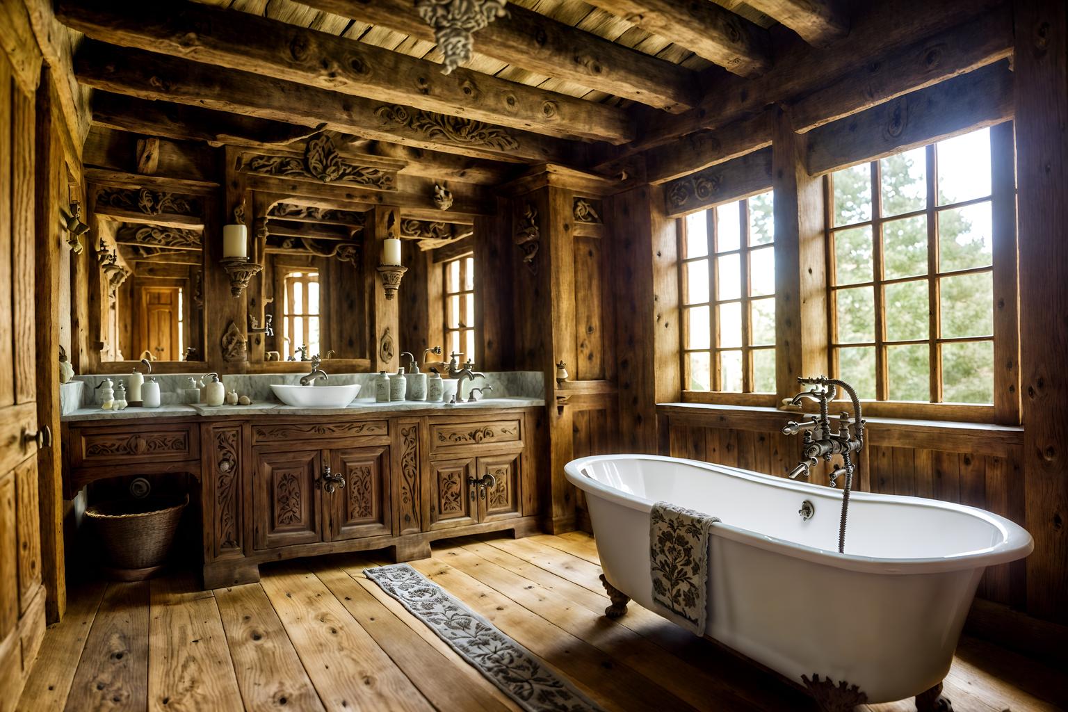 medieval-style (bathroom interior) with plant and waste basket and bath towel and bathroom cabinet and shower and bathroom sink with faucet and bath rail and mirror. . with heavy furniture pieces and timber beams and stone or wooden floor and castle interior and velvet, chenille, damask, and brocade draperies and fabrics and castle interior and carved wooden chairs and intricate wooden inlay designs and carvings. . cinematic photo, highly detailed, cinematic lighting, ultra-detailed, ultrarealistic, photorealism, 8k. medieval interior design style. masterpiece, cinematic light, ultrarealistic+, photorealistic+, 8k, raw photo, realistic, sharp focus on eyes, (symmetrical eyes), (intact eyes), hyperrealistic, highest quality, best quality, , highly detailed, masterpiece, best quality, extremely detailed 8k wallpaper, masterpiece, best quality, ultra-detailed, best shadow, detailed background, detailed face, detailed eyes, high contrast, best illumination, detailed face, dulux, caustic, dynamic angle, detailed glow. dramatic lighting. highly detailed, insanely detailed hair, symmetrical, intricate details, professionally retouched, 8k high definition. strong bokeh. award winning photo.