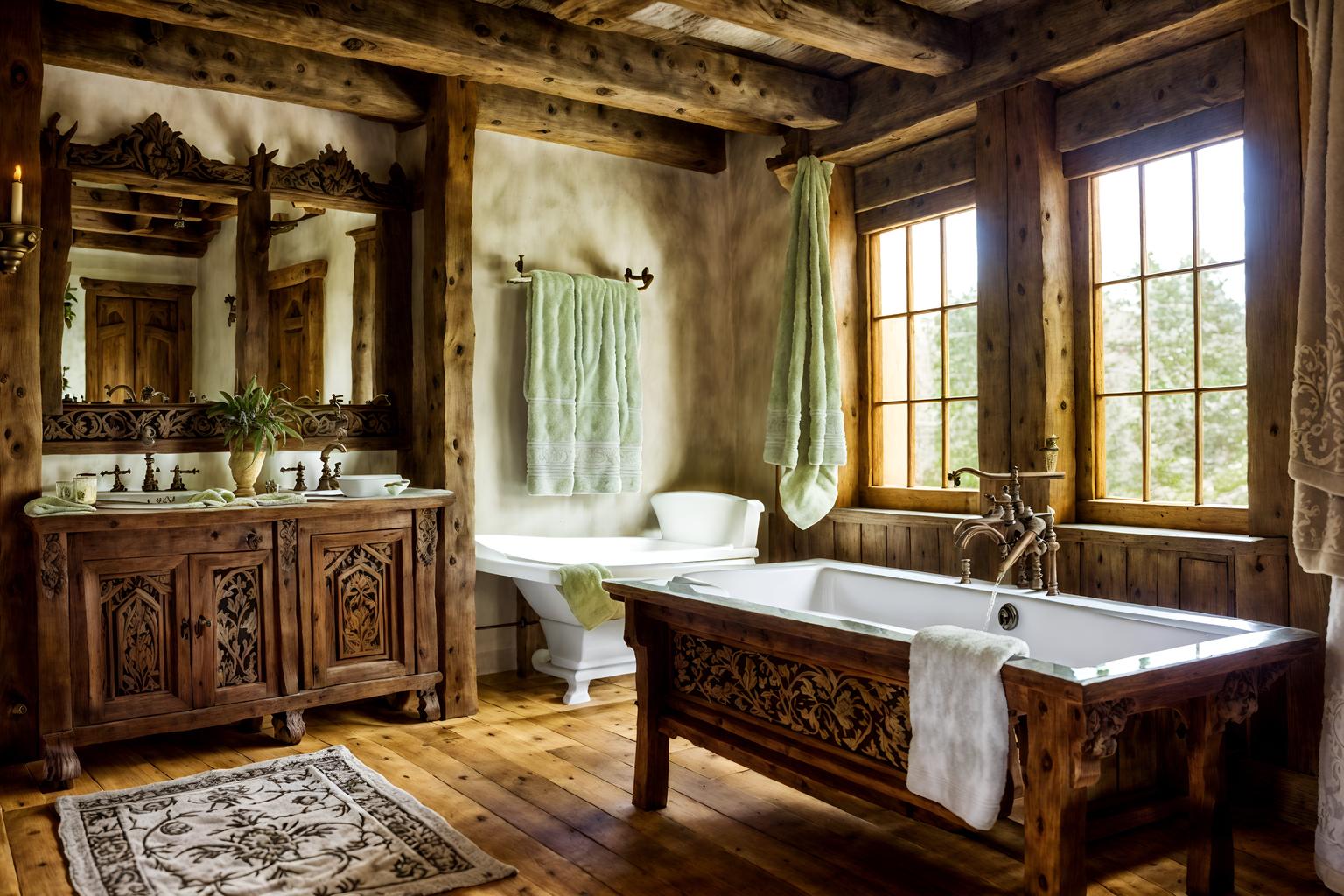 medieval-style (bathroom interior) with plant and waste basket and bath towel and bathroom cabinet and shower and bathroom sink with faucet and bath rail and mirror. . with heavy furniture pieces and timber beams and stone or wooden floor and castle interior and velvet, chenille, damask, and brocade draperies and fabrics and castle interior and carved wooden chairs and intricate wooden inlay designs and carvings. . cinematic photo, highly detailed, cinematic lighting, ultra-detailed, ultrarealistic, photorealism, 8k. medieval interior design style. masterpiece, cinematic light, ultrarealistic+, photorealistic+, 8k, raw photo, realistic, sharp focus on eyes, (symmetrical eyes), (intact eyes), hyperrealistic, highest quality, best quality, , highly detailed, masterpiece, best quality, extremely detailed 8k wallpaper, masterpiece, best quality, ultra-detailed, best shadow, detailed background, detailed face, detailed eyes, high contrast, best illumination, detailed face, dulux, caustic, dynamic angle, detailed glow. dramatic lighting. highly detailed, insanely detailed hair, symmetrical, intricate details, professionally retouched, 8k high definition. strong bokeh. award winning photo.