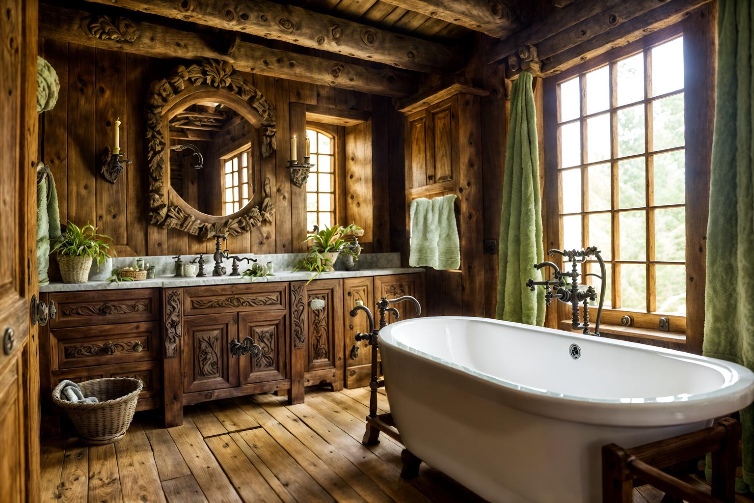 medieval-style (bathroom interior) with plant and waste basket and bath towel and bathroom cabinet and shower and bathroom sink with faucet and bath rail and mirror. . with heavy furniture pieces and timber beams and stone or wooden floor and castle interior and velvet, chenille, damask, and brocade draperies and fabrics and castle interior and carved wooden chairs and intricate wooden inlay designs and carvings. . cinematic photo, highly detailed, cinematic lighting, ultra-detailed, ultrarealistic, photorealism, 8k. medieval interior design style. masterpiece, cinematic light, ultrarealistic+, photorealistic+, 8k, raw photo, realistic, sharp focus on eyes, (symmetrical eyes), (intact eyes), hyperrealistic, highest quality, best quality, , highly detailed, masterpiece, best quality, extremely detailed 8k wallpaper, masterpiece, best quality, ultra-detailed, best shadow, detailed background, detailed face, detailed eyes, high contrast, best illumination, detailed face, dulux, caustic, dynamic angle, detailed glow. dramatic lighting. highly detailed, insanely detailed hair, symmetrical, intricate details, professionally retouched, 8k high definition. strong bokeh. award winning photo.