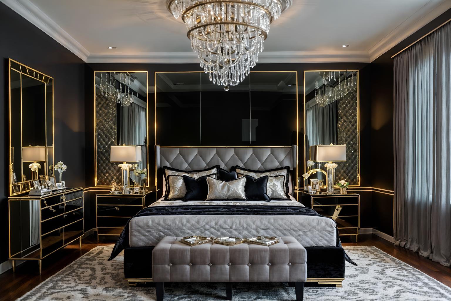 hollywood glam-style (bedroom interior) with headboard and night light and bed and plant and mirror and bedside table or night stand and accent chair and storage bench or ottoman. . . cinematic photo, highly detailed, cinematic lighting, ultra-detailed, ultrarealistic, photorealism, 8k. hollywood glam interior design style. masterpiece, cinematic light, ultrarealistic+, photorealistic+, 8k, raw photo, realistic, sharp focus on eyes, (symmetrical eyes), (intact eyes), hyperrealistic, highest quality, best quality, , highly detailed, masterpiece, best quality, extremely detailed 8k wallpaper, masterpiece, best quality, ultra-detailed, best shadow, detailed background, detailed face, detailed eyes, high contrast, best illumination, detailed face, dulux, caustic, dynamic angle, detailed glow. dramatic lighting. highly detailed, insanely detailed hair, symmetrical, intricate details, professionally retouched, 8k high definition. strong bokeh. award winning photo.