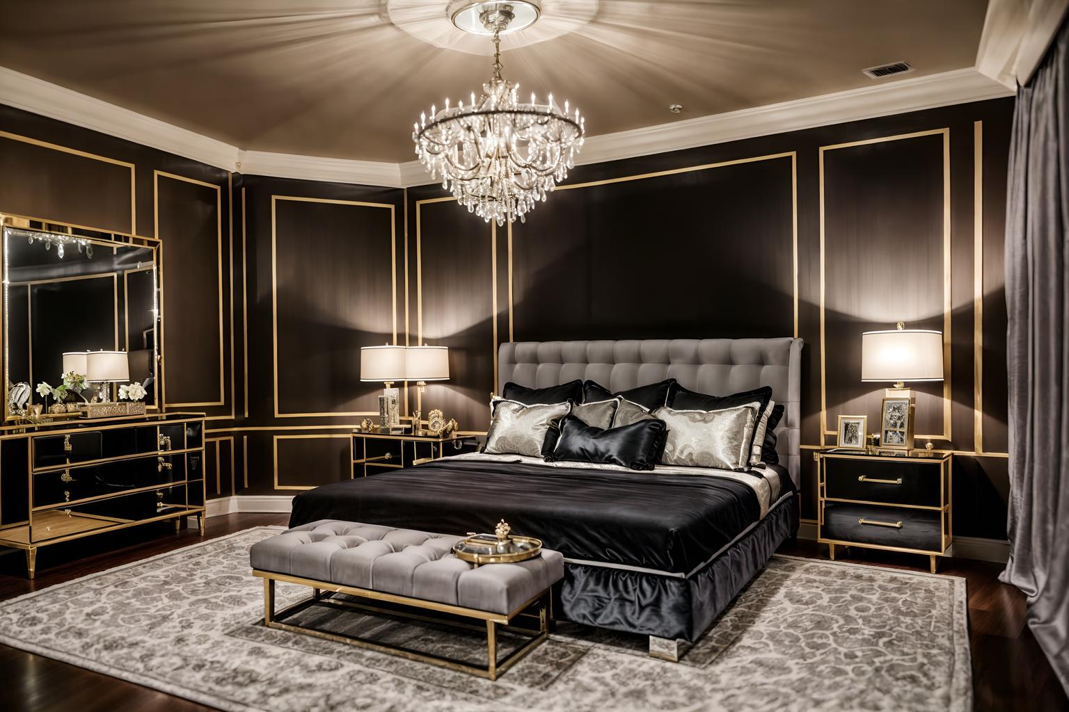 hollywood glam-style (bedroom interior) with headboard and night light and bed and plant and mirror and bedside table or night stand and accent chair and storage bench or ottoman. . . cinematic photo, highly detailed, cinematic lighting, ultra-detailed, ultrarealistic, photorealism, 8k. hollywood glam interior design style. masterpiece, cinematic light, ultrarealistic+, photorealistic+, 8k, raw photo, realistic, sharp focus on eyes, (symmetrical eyes), (intact eyes), hyperrealistic, highest quality, best quality, , highly detailed, masterpiece, best quality, extremely detailed 8k wallpaper, masterpiece, best quality, ultra-detailed, best shadow, detailed background, detailed face, detailed eyes, high contrast, best illumination, detailed face, dulux, caustic, dynamic angle, detailed glow. dramatic lighting. highly detailed, insanely detailed hair, symmetrical, intricate details, professionally retouched, 8k high definition. strong bokeh. award winning photo.