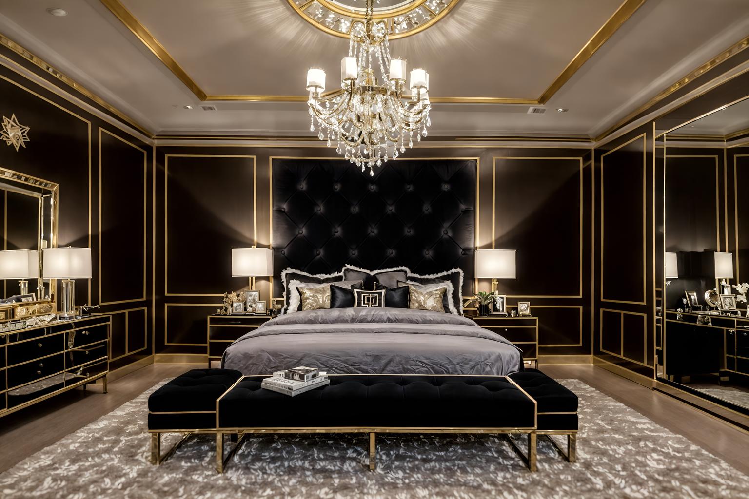 hollywood glam-style (bedroom interior) with headboard and night light and bed and plant and mirror and bedside table or night stand and accent chair and storage bench or ottoman. . . cinematic photo, highly detailed, cinematic lighting, ultra-detailed, ultrarealistic, photorealism, 8k. hollywood glam interior design style. masterpiece, cinematic light, ultrarealistic+, photorealistic+, 8k, raw photo, realistic, sharp focus on eyes, (symmetrical eyes), (intact eyes), hyperrealistic, highest quality, best quality, , highly detailed, masterpiece, best quality, extremely detailed 8k wallpaper, masterpiece, best quality, ultra-detailed, best shadow, detailed background, detailed face, detailed eyes, high contrast, best illumination, detailed face, dulux, caustic, dynamic angle, detailed glow. dramatic lighting. highly detailed, insanely detailed hair, symmetrical, intricate details, professionally retouched, 8k high definition. strong bokeh. award winning photo.