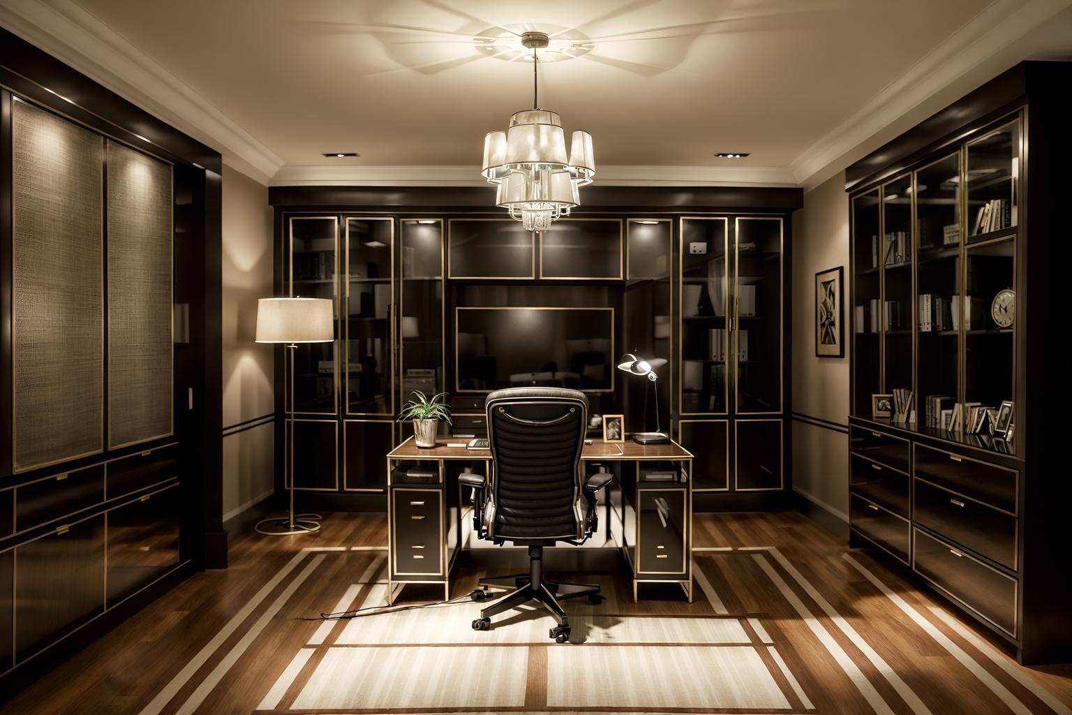 hollywood glam-style (home office interior) with office chair and desk lamp and plant and cabinets and computer desk and office chair. . . cinematic photo, highly detailed, cinematic lighting, ultra-detailed, ultrarealistic, photorealism, 8k. hollywood glam interior design style. masterpiece, cinematic light, ultrarealistic+, photorealistic+, 8k, raw photo, realistic, sharp focus on eyes, (symmetrical eyes), (intact eyes), hyperrealistic, highest quality, best quality, , highly detailed, masterpiece, best quality, extremely detailed 8k wallpaper, masterpiece, best quality, ultra-detailed, best shadow, detailed background, detailed face, detailed eyes, high contrast, best illumination, detailed face, dulux, caustic, dynamic angle, detailed glow. dramatic lighting. highly detailed, insanely detailed hair, symmetrical, intricate details, professionally retouched, 8k high definition. strong bokeh. award winning photo.