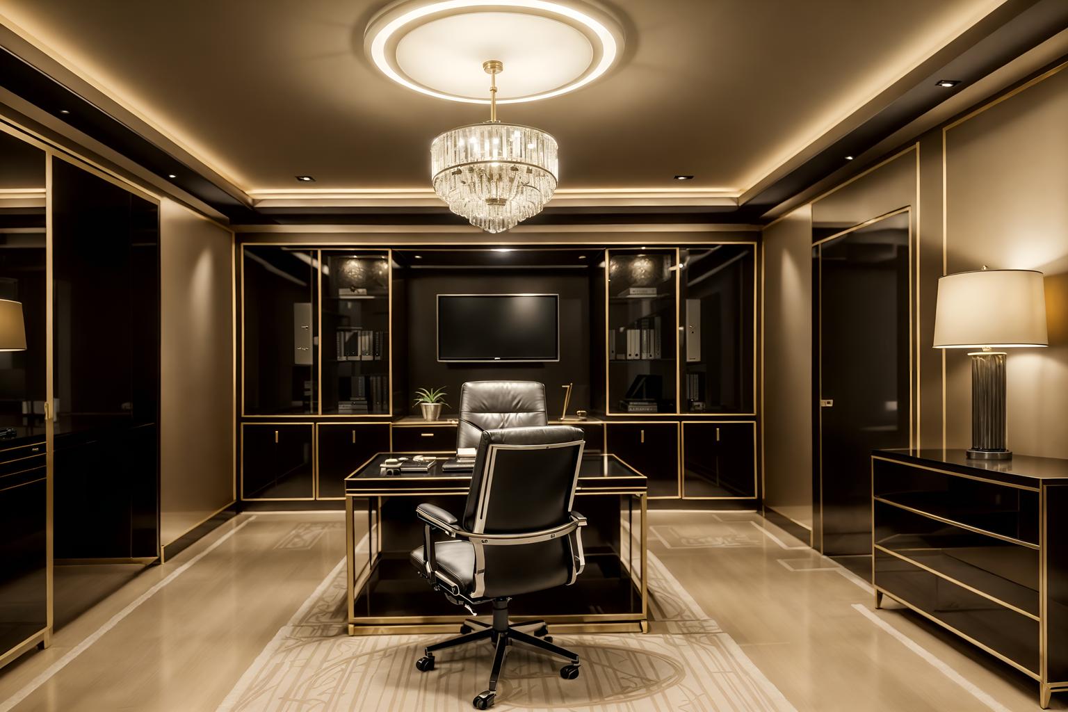 hollywood glam-style (home office interior) with office chair and desk lamp and plant and cabinets and computer desk and office chair. . . cinematic photo, highly detailed, cinematic lighting, ultra-detailed, ultrarealistic, photorealism, 8k. hollywood glam interior design style. masterpiece, cinematic light, ultrarealistic+, photorealistic+, 8k, raw photo, realistic, sharp focus on eyes, (symmetrical eyes), (intact eyes), hyperrealistic, highest quality, best quality, , highly detailed, masterpiece, best quality, extremely detailed 8k wallpaper, masterpiece, best quality, ultra-detailed, best shadow, detailed background, detailed face, detailed eyes, high contrast, best illumination, detailed face, dulux, caustic, dynamic angle, detailed glow. dramatic lighting. highly detailed, insanely detailed hair, symmetrical, intricate details, professionally retouched, 8k high definition. strong bokeh. award winning photo.