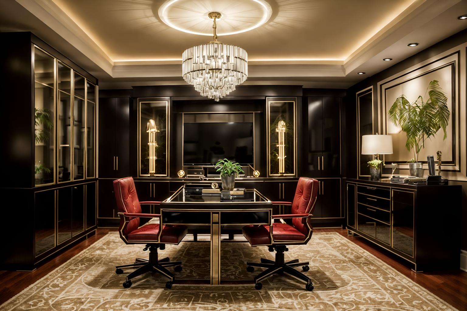 hollywood glam-style (home office interior) with office chair and desk lamp and plant and cabinets and computer desk and office chair. . . cinematic photo, highly detailed, cinematic lighting, ultra-detailed, ultrarealistic, photorealism, 8k. hollywood glam interior design style. masterpiece, cinematic light, ultrarealistic+, photorealistic+, 8k, raw photo, realistic, sharp focus on eyes, (symmetrical eyes), (intact eyes), hyperrealistic, highest quality, best quality, , highly detailed, masterpiece, best quality, extremely detailed 8k wallpaper, masterpiece, best quality, ultra-detailed, best shadow, detailed background, detailed face, detailed eyes, high contrast, best illumination, detailed face, dulux, caustic, dynamic angle, detailed glow. dramatic lighting. highly detailed, insanely detailed hair, symmetrical, intricate details, professionally retouched, 8k high definition. strong bokeh. award winning photo.