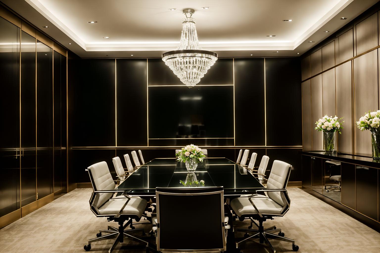 hollywood glam-style (meeting room interior) with boardroom table and painting or photo on wall and vase and plant and office chairs and glass walls and glass doors and cabinets. . . cinematic photo, highly detailed, cinematic lighting, ultra-detailed, ultrarealistic, photorealism, 8k. hollywood glam interior design style. masterpiece, cinematic light, ultrarealistic+, photorealistic+, 8k, raw photo, realistic, sharp focus on eyes, (symmetrical eyes), (intact eyes), hyperrealistic, highest quality, best quality, , highly detailed, masterpiece, best quality, extremely detailed 8k wallpaper, masterpiece, best quality, ultra-detailed, best shadow, detailed background, detailed face, detailed eyes, high contrast, best illumination, detailed face, dulux, caustic, dynamic angle, detailed glow. dramatic lighting. highly detailed, insanely detailed hair, symmetrical, intricate details, professionally retouched, 8k high definition. strong bokeh. award winning photo.