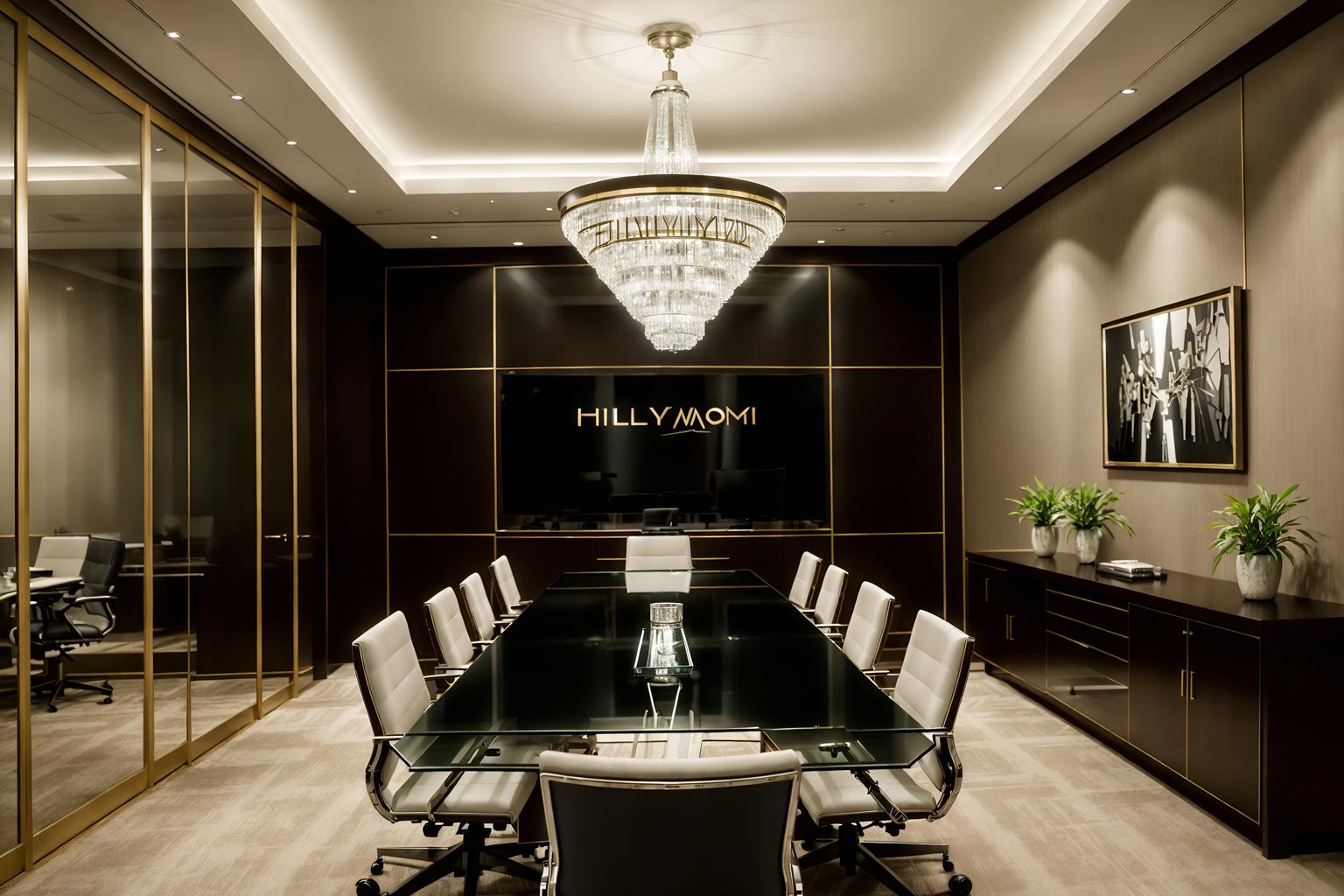 hollywood glam-style (meeting room interior) with boardroom table and painting or photo on wall and vase and plant and office chairs and glass walls and glass doors and cabinets. . . cinematic photo, highly detailed, cinematic lighting, ultra-detailed, ultrarealistic, photorealism, 8k. hollywood glam interior design style. masterpiece, cinematic light, ultrarealistic+, photorealistic+, 8k, raw photo, realistic, sharp focus on eyes, (symmetrical eyes), (intact eyes), hyperrealistic, highest quality, best quality, , highly detailed, masterpiece, best quality, extremely detailed 8k wallpaper, masterpiece, best quality, ultra-detailed, best shadow, detailed background, detailed face, detailed eyes, high contrast, best illumination, detailed face, dulux, caustic, dynamic angle, detailed glow. dramatic lighting. highly detailed, insanely detailed hair, symmetrical, intricate details, professionally retouched, 8k high definition. strong bokeh. award winning photo.