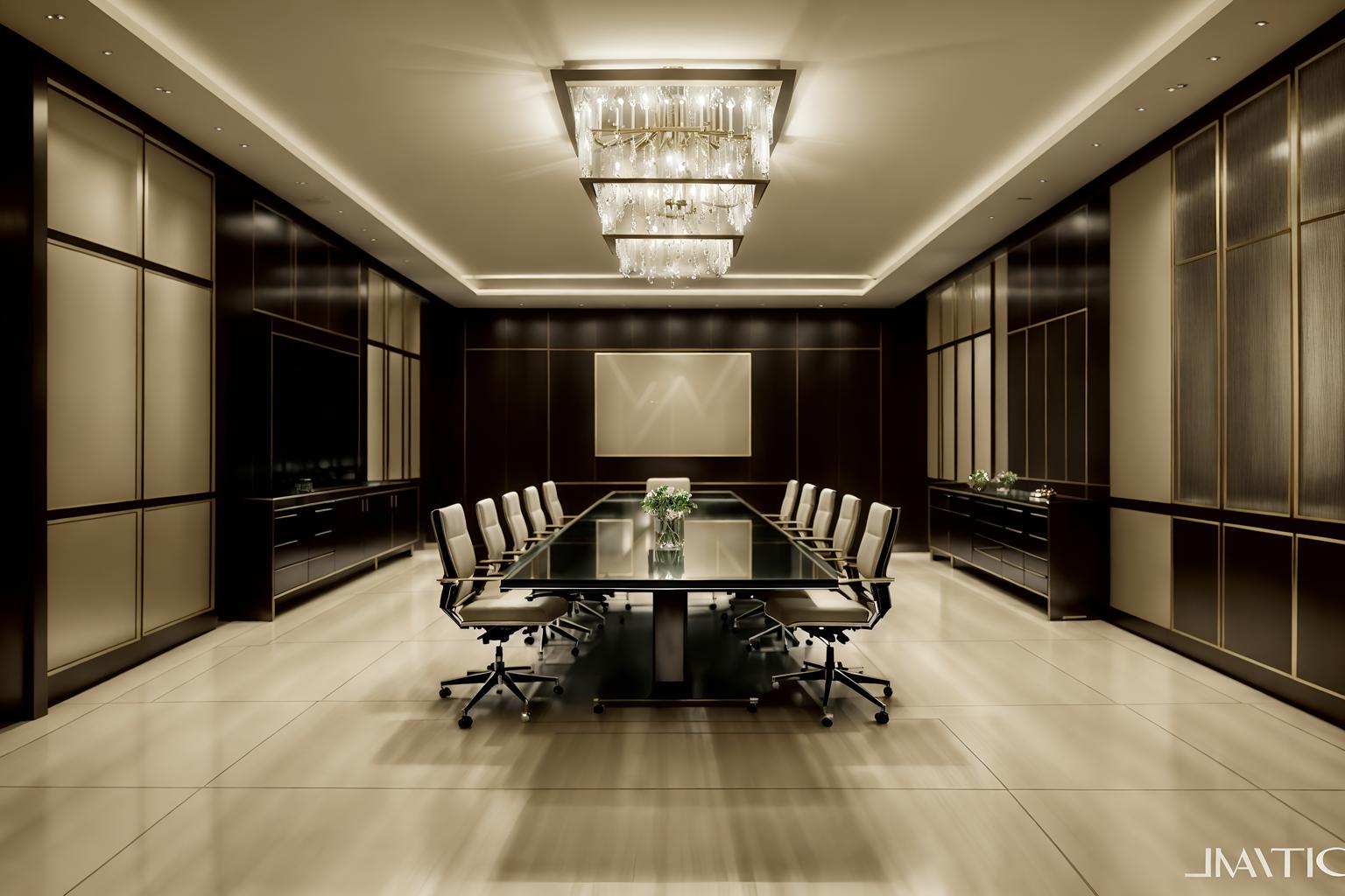 hollywood glam-style (meeting room interior) with boardroom table and painting or photo on wall and vase and plant and office chairs and glass walls and glass doors and cabinets. . . cinematic photo, highly detailed, cinematic lighting, ultra-detailed, ultrarealistic, photorealism, 8k. hollywood glam interior design style. masterpiece, cinematic light, ultrarealistic+, photorealistic+, 8k, raw photo, realistic, sharp focus on eyes, (symmetrical eyes), (intact eyes), hyperrealistic, highest quality, best quality, , highly detailed, masterpiece, best quality, extremely detailed 8k wallpaper, masterpiece, best quality, ultra-detailed, best shadow, detailed background, detailed face, detailed eyes, high contrast, best illumination, detailed face, dulux, caustic, dynamic angle, detailed glow. dramatic lighting. highly detailed, insanely detailed hair, symmetrical, intricate details, professionally retouched, 8k high definition. strong bokeh. award winning photo.