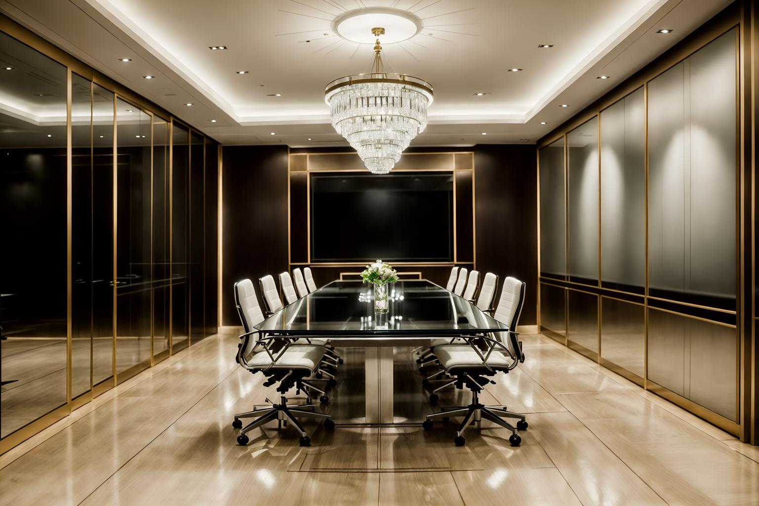 hollywood glam-style (meeting room interior) with boardroom table and painting or photo on wall and vase and plant and office chairs and glass walls and glass doors and cabinets. . . cinematic photo, highly detailed, cinematic lighting, ultra-detailed, ultrarealistic, photorealism, 8k. hollywood glam interior design style. masterpiece, cinematic light, ultrarealistic+, photorealistic+, 8k, raw photo, realistic, sharp focus on eyes, (symmetrical eyes), (intact eyes), hyperrealistic, highest quality, best quality, , highly detailed, masterpiece, best quality, extremely detailed 8k wallpaper, masterpiece, best quality, ultra-detailed, best shadow, detailed background, detailed face, detailed eyes, high contrast, best illumination, detailed face, dulux, caustic, dynamic angle, detailed glow. dramatic lighting. highly detailed, insanely detailed hair, symmetrical, intricate details, professionally retouched, 8k high definition. strong bokeh. award winning photo.