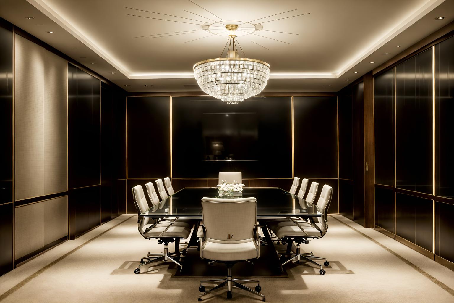 hollywood glam-style (meeting room interior) with boardroom table and painting or photo on wall and vase and plant and office chairs and glass walls and glass doors and cabinets. . . cinematic photo, highly detailed, cinematic lighting, ultra-detailed, ultrarealistic, photorealism, 8k. hollywood glam interior design style. masterpiece, cinematic light, ultrarealistic+, photorealistic+, 8k, raw photo, realistic, sharp focus on eyes, (symmetrical eyes), (intact eyes), hyperrealistic, highest quality, best quality, , highly detailed, masterpiece, best quality, extremely detailed 8k wallpaper, masterpiece, best quality, ultra-detailed, best shadow, detailed background, detailed face, detailed eyes, high contrast, best illumination, detailed face, dulux, caustic, dynamic angle, detailed glow. dramatic lighting. highly detailed, insanely detailed hair, symmetrical, intricate details, professionally retouched, 8k high definition. strong bokeh. award winning photo.
