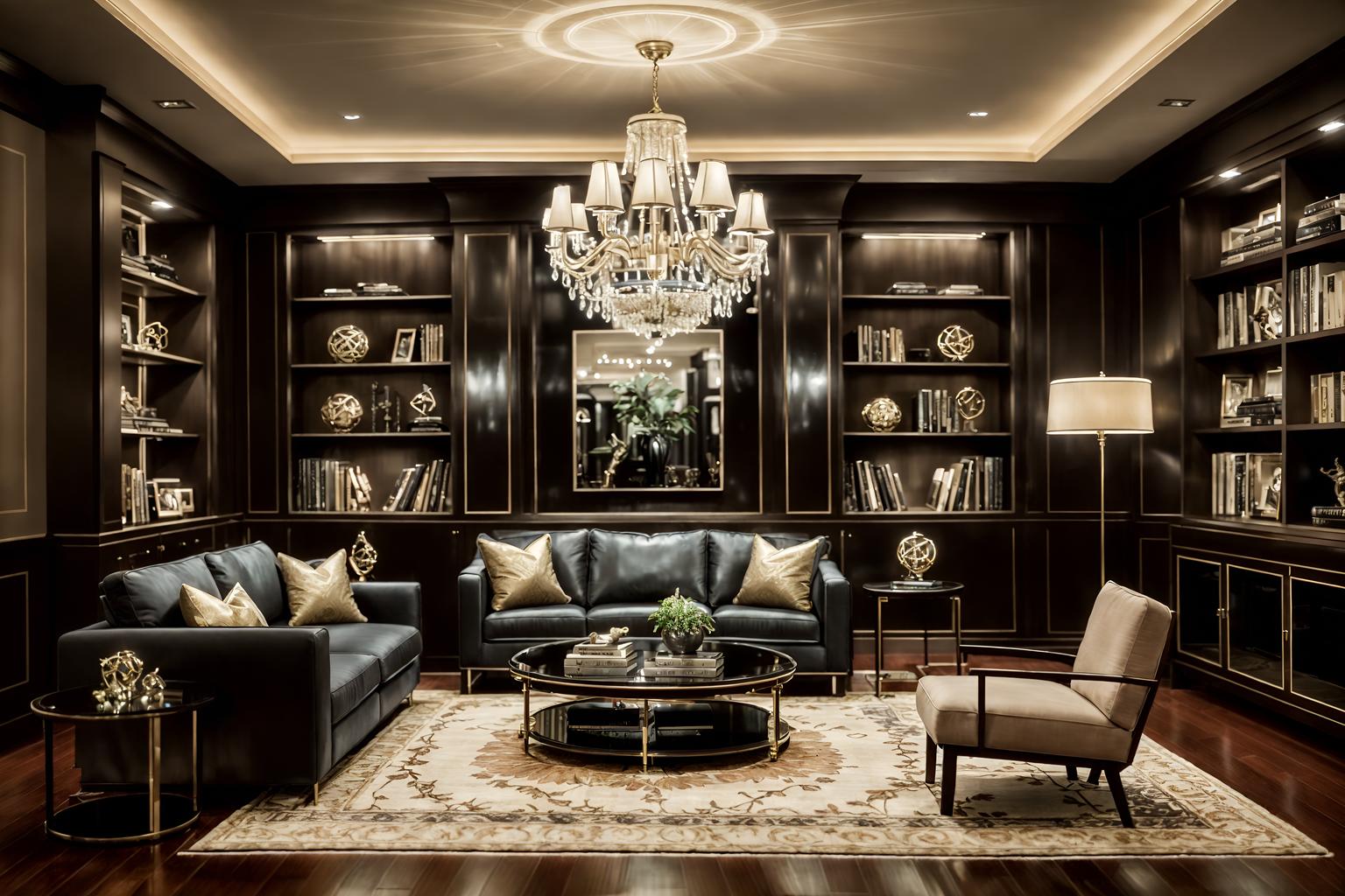 hollywood glam-style (living room interior) with sofa and electric lamps and coffee tables and occasional tables and televisions and rug and plant and bookshelves. . . cinematic photo, highly detailed, cinematic lighting, ultra-detailed, ultrarealistic, photorealism, 8k. hollywood glam interior design style. masterpiece, cinematic light, ultrarealistic+, photorealistic+, 8k, raw photo, realistic, sharp focus on eyes, (symmetrical eyes), (intact eyes), hyperrealistic, highest quality, best quality, , highly detailed, masterpiece, best quality, extremely detailed 8k wallpaper, masterpiece, best quality, ultra-detailed, best shadow, detailed background, detailed face, detailed eyes, high contrast, best illumination, detailed face, dulux, caustic, dynamic angle, detailed glow. dramatic lighting. highly detailed, insanely detailed hair, symmetrical, intricate details, professionally retouched, 8k high definition. strong bokeh. award winning photo.