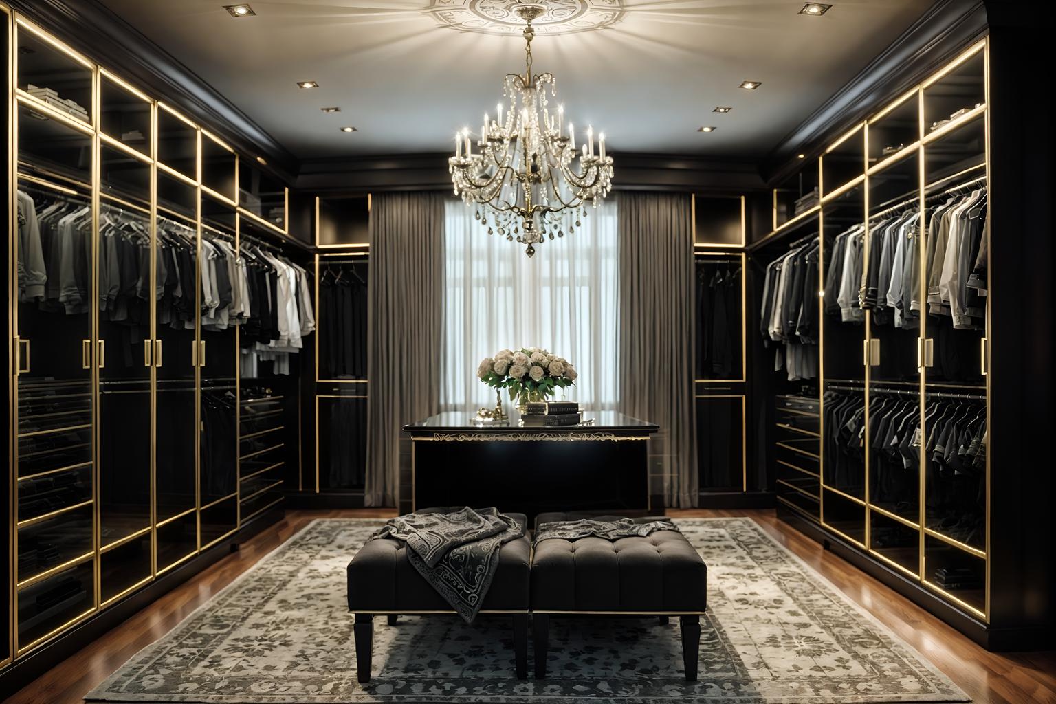 hollywood glam-style (walk in closet interior) . . cinematic photo, highly detailed, cinematic lighting, ultra-detailed, ultrarealistic, photorealism, 8k. hollywood glam interior design style. masterpiece, cinematic light, ultrarealistic+, photorealistic+, 8k, raw photo, realistic, sharp focus on eyes, (symmetrical eyes), (intact eyes), hyperrealistic, highest quality, best quality, , highly detailed, masterpiece, best quality, extremely detailed 8k wallpaper, masterpiece, best quality, ultra-detailed, best shadow, detailed background, detailed face, detailed eyes, high contrast, best illumination, detailed face, dulux, caustic, dynamic angle, detailed glow. dramatic lighting. highly detailed, insanely detailed hair, symmetrical, intricate details, professionally retouched, 8k high definition. strong bokeh. award winning photo.