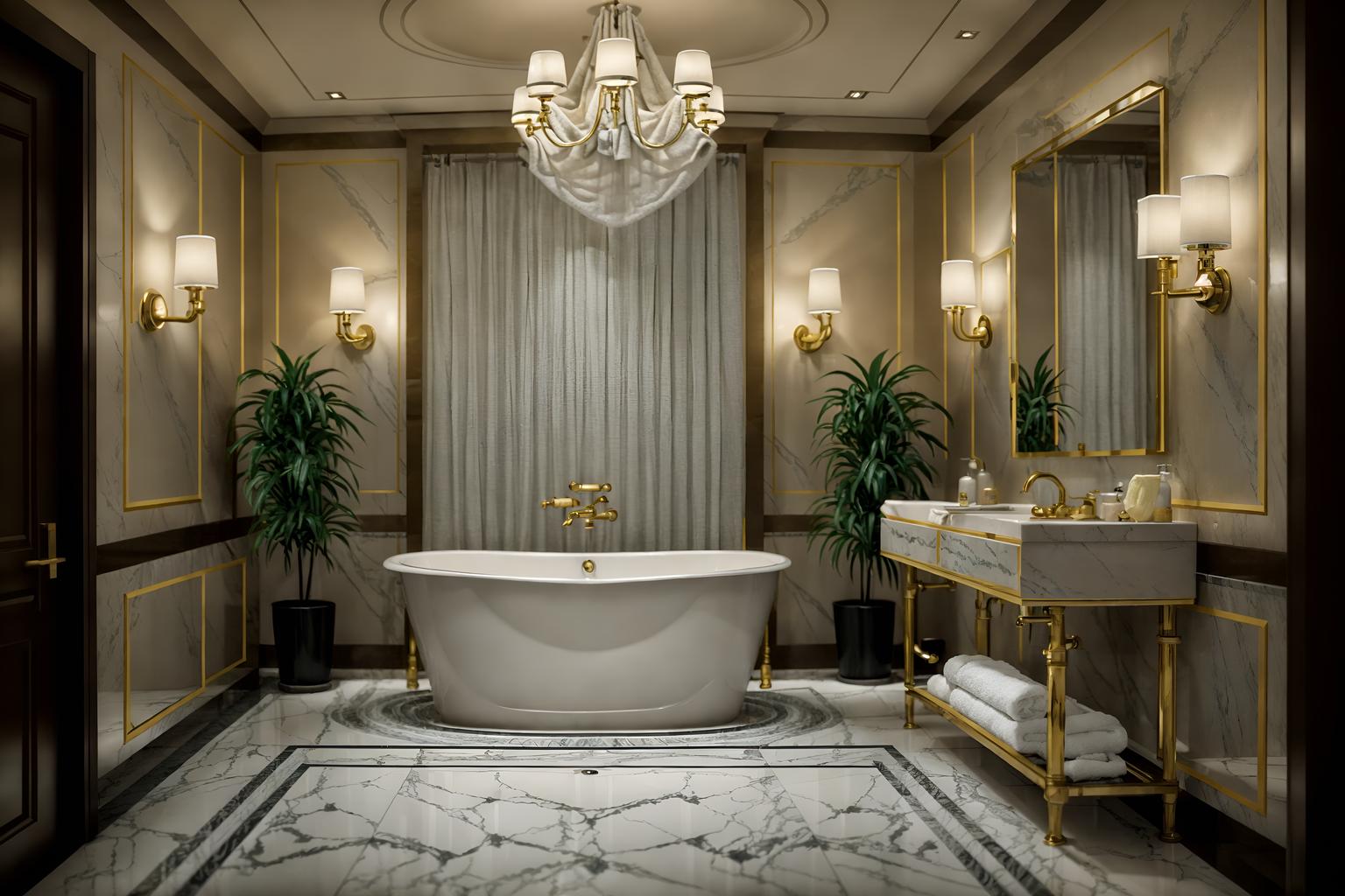 hollywood glam-style (hotel bathroom interior) with bathtub and bathroom cabinet and bath towel and shower and toilet seat and bathroom sink with faucet and plant and waste basket. . . cinematic photo, highly detailed, cinematic lighting, ultra-detailed, ultrarealistic, photorealism, 8k. hollywood glam interior design style. masterpiece, cinematic light, ultrarealistic+, photorealistic+, 8k, raw photo, realistic, sharp focus on eyes, (symmetrical eyes), (intact eyes), hyperrealistic, highest quality, best quality, , highly detailed, masterpiece, best quality, extremely detailed 8k wallpaper, masterpiece, best quality, ultra-detailed, best shadow, detailed background, detailed face, detailed eyes, high contrast, best illumination, detailed face, dulux, caustic, dynamic angle, detailed glow. dramatic lighting. highly detailed, insanely detailed hair, symmetrical, intricate details, professionally retouched, 8k high definition. strong bokeh. award winning photo.