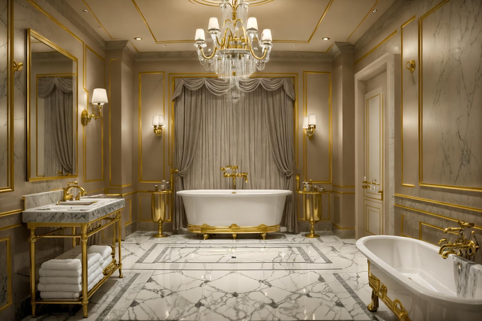 hollywood glam-style (hotel bathroom interior) with bathtub and bathroom cabinet and bath towel and shower and toilet seat and bathroom sink with faucet and plant and waste basket. . . cinematic photo, highly detailed, cinematic lighting, ultra-detailed, ultrarealistic, photorealism, 8k. hollywood glam interior design style. masterpiece, cinematic light, ultrarealistic+, photorealistic+, 8k, raw photo, realistic, sharp focus on eyes, (symmetrical eyes), (intact eyes), hyperrealistic, highest quality, best quality, , highly detailed, masterpiece, best quality, extremely detailed 8k wallpaper, masterpiece, best quality, ultra-detailed, best shadow, detailed background, detailed face, detailed eyes, high contrast, best illumination, detailed face, dulux, caustic, dynamic angle, detailed glow. dramatic lighting. highly detailed, insanely detailed hair, symmetrical, intricate details, professionally retouched, 8k high definition. strong bokeh. award winning photo.