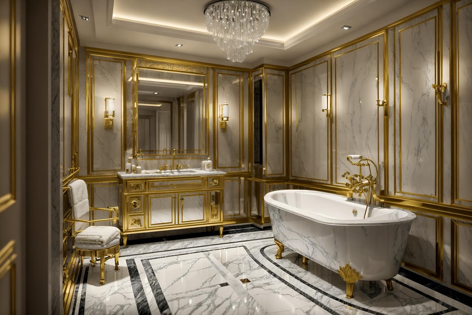 hollywood glam-style (hotel bathroom interior) with bathtub and bathroom cabinet and bath towel and shower and toilet seat and bathroom sink with faucet and plant and waste basket. . . cinematic photo, highly detailed, cinematic lighting, ultra-detailed, ultrarealistic, photorealism, 8k. hollywood glam interior design style. masterpiece, cinematic light, ultrarealistic+, photorealistic+, 8k, raw photo, realistic, sharp focus on eyes, (symmetrical eyes), (intact eyes), hyperrealistic, highest quality, best quality, , highly detailed, masterpiece, best quality, extremely detailed 8k wallpaper, masterpiece, best quality, ultra-detailed, best shadow, detailed background, detailed face, detailed eyes, high contrast, best illumination, detailed face, dulux, caustic, dynamic angle, detailed glow. dramatic lighting. highly detailed, insanely detailed hair, symmetrical, intricate details, professionally retouched, 8k high definition. strong bokeh. award winning photo.