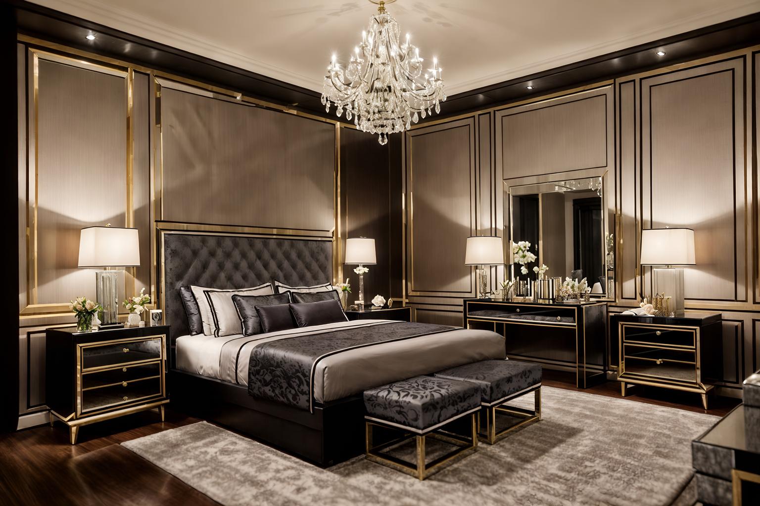 hollywood glam-style (hotel room interior) with bedside table or night stand and working desk with desk chair and accent chair and mirror and headboard and hotel bathroom and storage bench or ottoman and bed. . . cinematic photo, highly detailed, cinematic lighting, ultra-detailed, ultrarealistic, photorealism, 8k. hollywood glam interior design style. masterpiece, cinematic light, ultrarealistic+, photorealistic+, 8k, raw photo, realistic, sharp focus on eyes, (symmetrical eyes), (intact eyes), hyperrealistic, highest quality, best quality, , highly detailed, masterpiece, best quality, extremely detailed 8k wallpaper, masterpiece, best quality, ultra-detailed, best shadow, detailed background, detailed face, detailed eyes, high contrast, best illumination, detailed face, dulux, caustic, dynamic angle, detailed glow. dramatic lighting. highly detailed, insanely detailed hair, symmetrical, intricate details, professionally retouched, 8k high definition. strong bokeh. award winning photo.