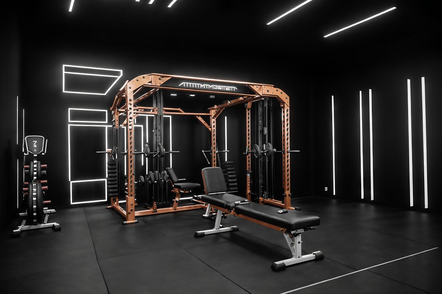 hollywood glam-style (fitness gym interior) with crosstrainer and bench press and dumbbell stand and squat rack and exercise bicycle and crosstrainer. . . cinematic photo, highly detailed, cinematic lighting, ultra-detailed, ultrarealistic, photorealism, 8k. hollywood glam interior design style. masterpiece, cinematic light, ultrarealistic+, photorealistic+, 8k, raw photo, realistic, sharp focus on eyes, (symmetrical eyes), (intact eyes), hyperrealistic, highest quality, best quality, , highly detailed, masterpiece, best quality, extremely detailed 8k wallpaper, masterpiece, best quality, ultra-detailed, best shadow, detailed background, detailed face, detailed eyes, high contrast, best illumination, detailed face, dulux, caustic, dynamic angle, detailed glow. dramatic lighting. highly detailed, insanely detailed hair, symmetrical, intricate details, professionally retouched, 8k high definition. strong bokeh. award winning photo.