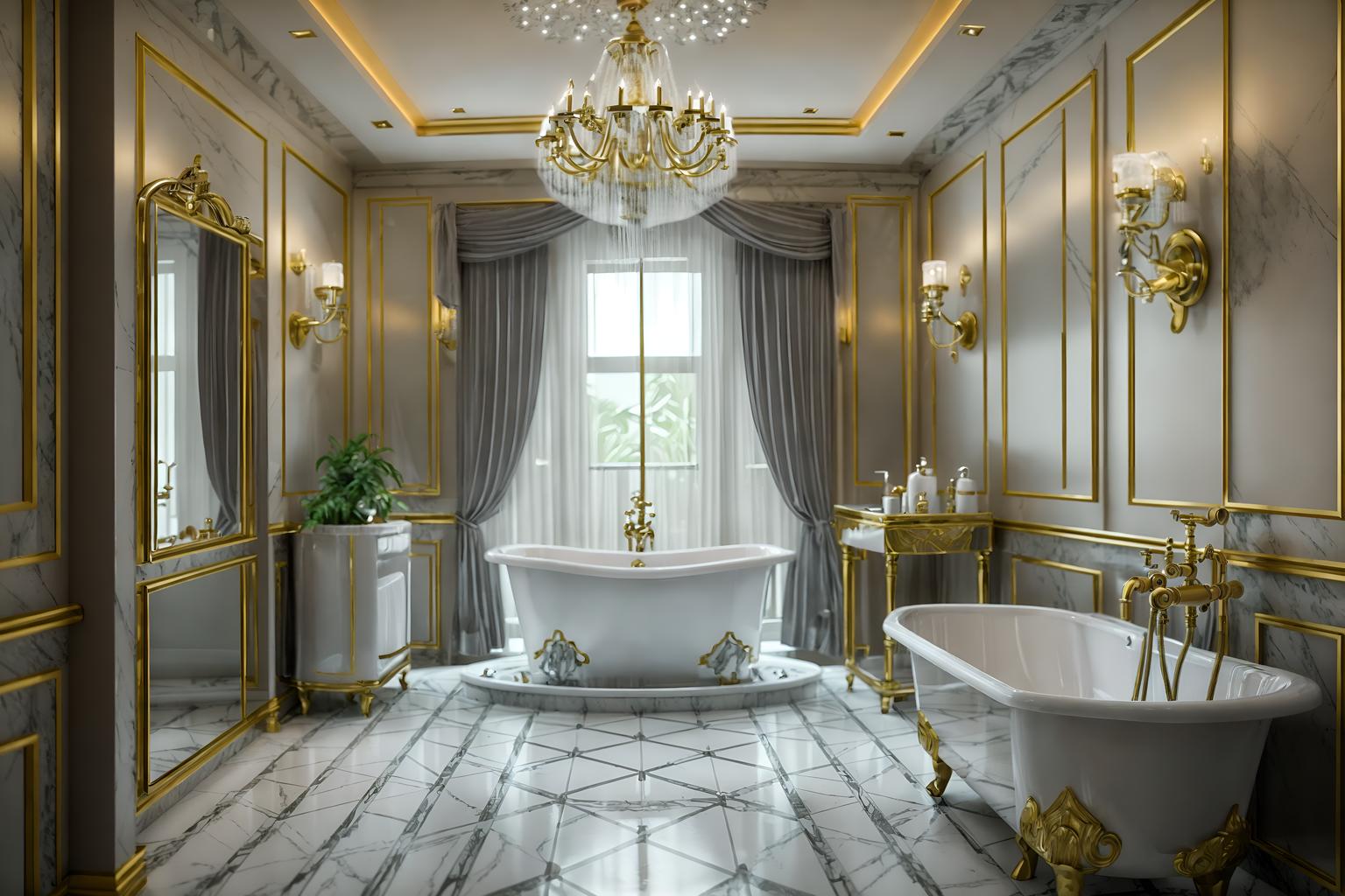 hollywood glam-style (bathroom interior) with shower and toilet seat and bath rail and bathroom sink with faucet and bath towel and waste basket and bathtub and plant. . . cinematic photo, highly detailed, cinematic lighting, ultra-detailed, ultrarealistic, photorealism, 8k. hollywood glam interior design style. masterpiece, cinematic light, ultrarealistic+, photorealistic+, 8k, raw photo, realistic, sharp focus on eyes, (symmetrical eyes), (intact eyes), hyperrealistic, highest quality, best quality, , highly detailed, masterpiece, best quality, extremely detailed 8k wallpaper, masterpiece, best quality, ultra-detailed, best shadow, detailed background, detailed face, detailed eyes, high contrast, best illumination, detailed face, dulux, caustic, dynamic angle, detailed glow. dramatic lighting. highly detailed, insanely detailed hair, symmetrical, intricate details, professionally retouched, 8k high definition. strong bokeh. award winning photo.