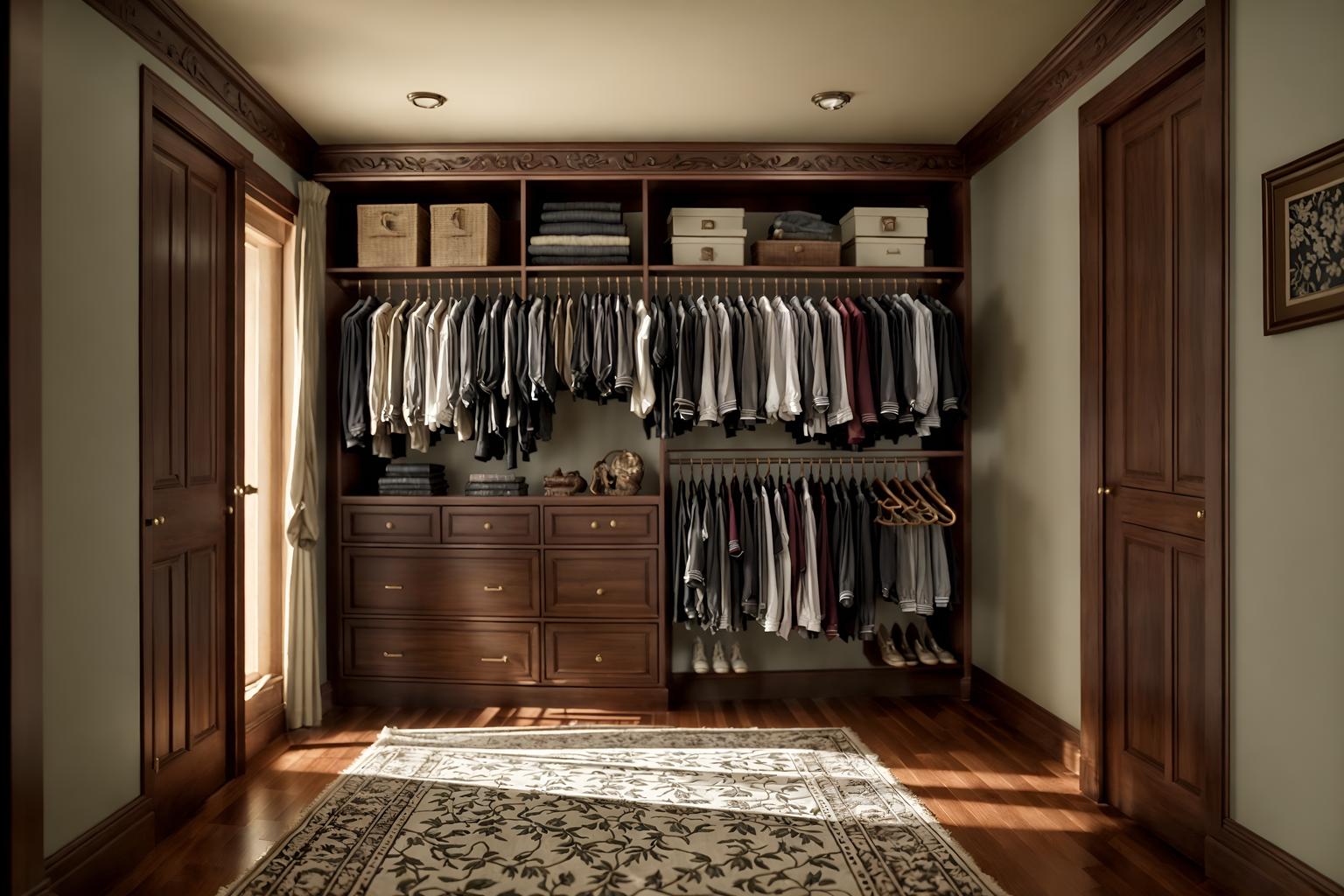 traditional-style (walk in closet interior) . . cinematic photo, highly detailed, cinematic lighting, ultra-detailed, ultrarealistic, photorealism, 8k. traditional interior design style. masterpiece, cinematic light, ultrarealistic+, photorealistic+, 8k, raw photo, realistic, sharp focus on eyes, (symmetrical eyes), (intact eyes), hyperrealistic, highest quality, best quality, , highly detailed, masterpiece, best quality, extremely detailed 8k wallpaper, masterpiece, best quality, ultra-detailed, best shadow, detailed background, detailed face, detailed eyes, high contrast, best illumination, detailed face, dulux, caustic, dynamic angle, detailed glow. dramatic lighting. highly detailed, insanely detailed hair, symmetrical, intricate details, professionally retouched, 8k high definition. strong bokeh. award winning photo.