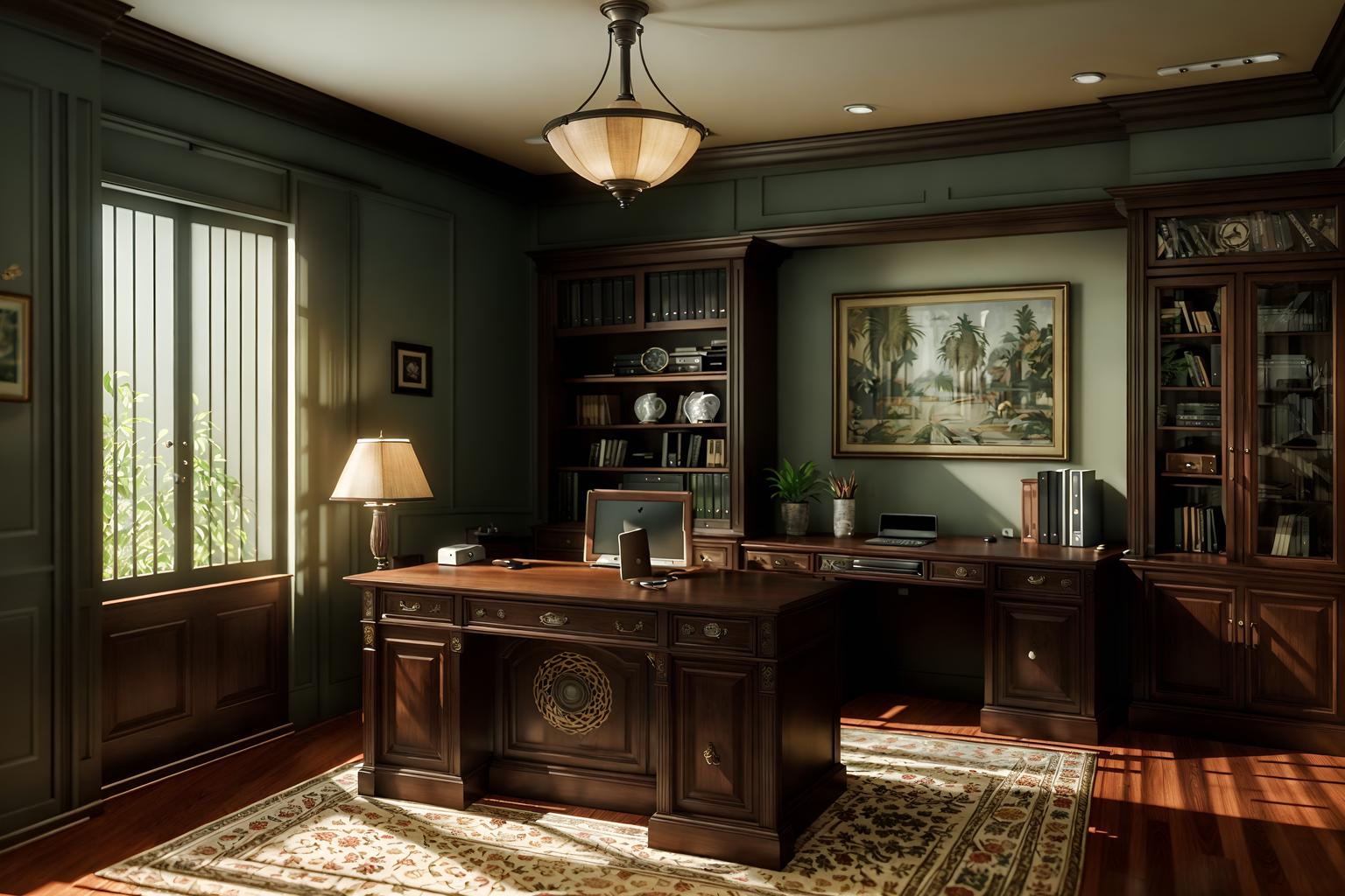 traditional-style (home office interior) with cabinets and computer desk and office chair and plant and desk lamp and cabinets. . . cinematic photo, highly detailed, cinematic lighting, ultra-detailed, ultrarealistic, photorealism, 8k. traditional interior design style. masterpiece, cinematic light, ultrarealistic+, photorealistic+, 8k, raw photo, realistic, sharp focus on eyes, (symmetrical eyes), (intact eyes), hyperrealistic, highest quality, best quality, , highly detailed, masterpiece, best quality, extremely detailed 8k wallpaper, masterpiece, best quality, ultra-detailed, best shadow, detailed background, detailed face, detailed eyes, high contrast, best illumination, detailed face, dulux, caustic, dynamic angle, detailed glow. dramatic lighting. highly detailed, insanely detailed hair, symmetrical, intricate details, professionally retouched, 8k high definition. strong bokeh. award winning photo.