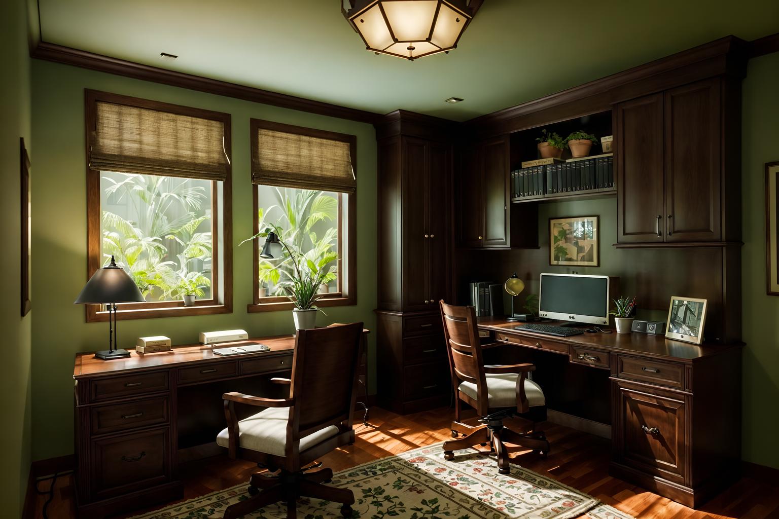 traditional-style (home office interior) with cabinets and computer desk and office chair and plant and desk lamp and cabinets. . . cinematic photo, highly detailed, cinematic lighting, ultra-detailed, ultrarealistic, photorealism, 8k. traditional interior design style. masterpiece, cinematic light, ultrarealistic+, photorealistic+, 8k, raw photo, realistic, sharp focus on eyes, (symmetrical eyes), (intact eyes), hyperrealistic, highest quality, best quality, , highly detailed, masterpiece, best quality, extremely detailed 8k wallpaper, masterpiece, best quality, ultra-detailed, best shadow, detailed background, detailed face, detailed eyes, high contrast, best illumination, detailed face, dulux, caustic, dynamic angle, detailed glow. dramatic lighting. highly detailed, insanely detailed hair, symmetrical, intricate details, professionally retouched, 8k high definition. strong bokeh. award winning photo.