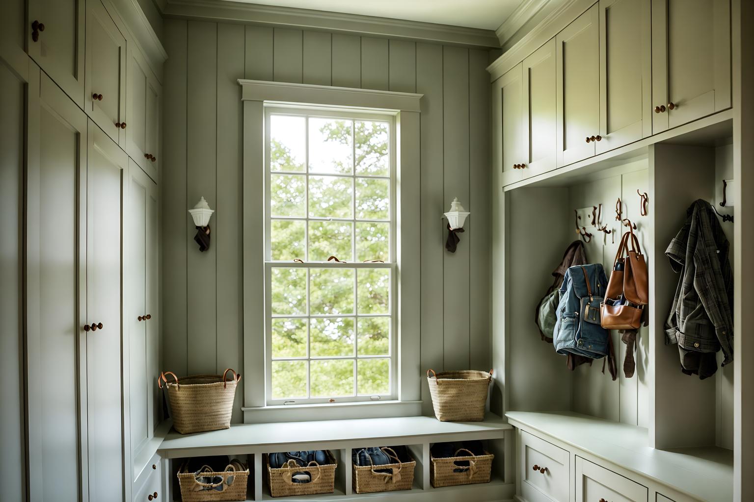 traditional-style (mudroom interior) with wall hooks for coats and shelves for shoes and storage drawers and storage baskets and high up storage and cabinets and cubbies and a bench. . . cinematic photo, highly detailed, cinematic lighting, ultra-detailed, ultrarealistic, photorealism, 8k. traditional interior design style. masterpiece, cinematic light, ultrarealistic+, photorealistic+, 8k, raw photo, realistic, sharp focus on eyes, (symmetrical eyes), (intact eyes), hyperrealistic, highest quality, best quality, , highly detailed, masterpiece, best quality, extremely detailed 8k wallpaper, masterpiece, best quality, ultra-detailed, best shadow, detailed background, detailed face, detailed eyes, high contrast, best illumination, detailed face, dulux, caustic, dynamic angle, detailed glow. dramatic lighting. highly detailed, insanely detailed hair, symmetrical, intricate details, professionally retouched, 8k high definition. strong bokeh. award winning photo.