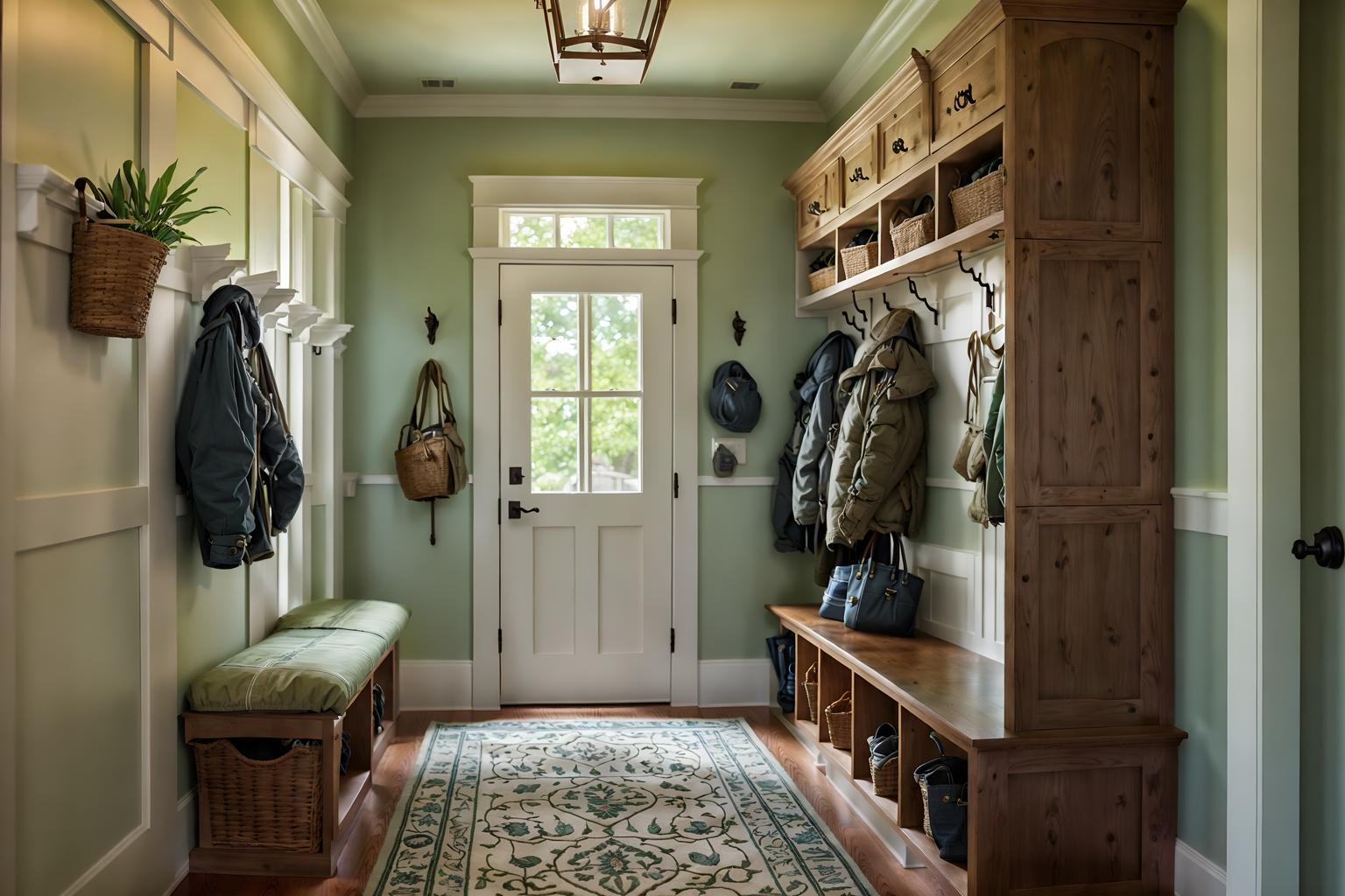 traditional-style (mudroom interior) with wall hooks for coats and shelves for shoes and storage drawers and storage baskets and high up storage and cabinets and cubbies and a bench. . . cinematic photo, highly detailed, cinematic lighting, ultra-detailed, ultrarealistic, photorealism, 8k. traditional interior design style. masterpiece, cinematic light, ultrarealistic+, photorealistic+, 8k, raw photo, realistic, sharp focus on eyes, (symmetrical eyes), (intact eyes), hyperrealistic, highest quality, best quality, , highly detailed, masterpiece, best quality, extremely detailed 8k wallpaper, masterpiece, best quality, ultra-detailed, best shadow, detailed background, detailed face, detailed eyes, high contrast, best illumination, detailed face, dulux, caustic, dynamic angle, detailed glow. dramatic lighting. highly detailed, insanely detailed hair, symmetrical, intricate details, professionally retouched, 8k high definition. strong bokeh. award winning photo.