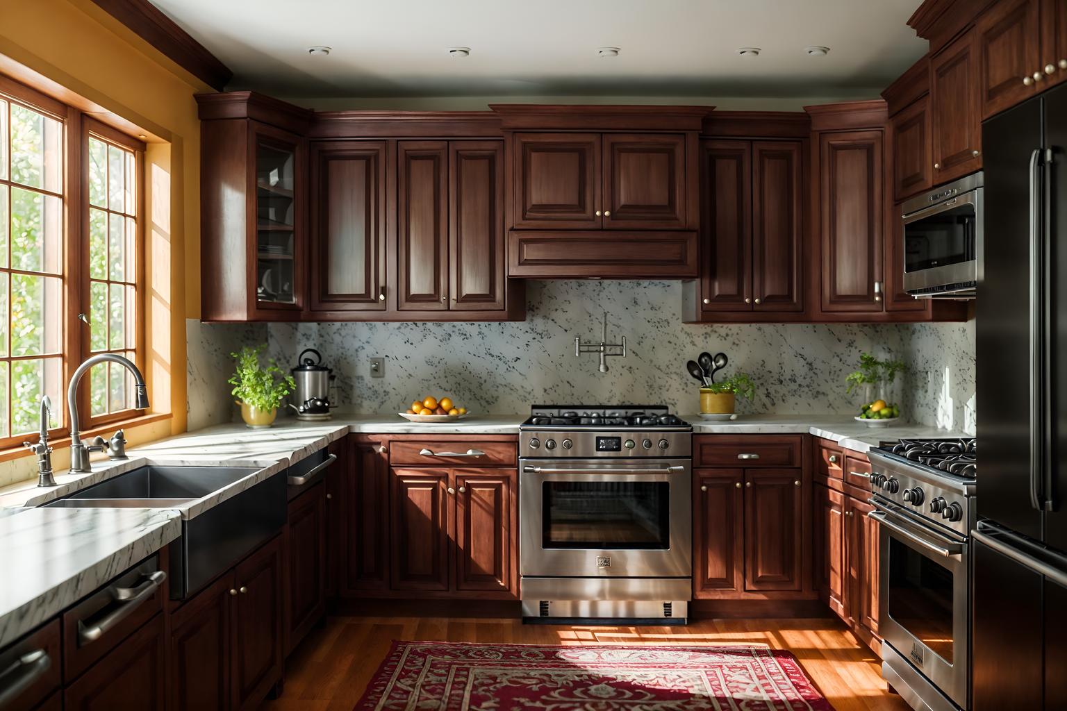 traditional-style (kitchen interior) with worktops and plant and stove and sink and kitchen cabinets and refrigerator and worktops. . . cinematic photo, highly detailed, cinematic lighting, ultra-detailed, ultrarealistic, photorealism, 8k. traditional interior design style. masterpiece, cinematic light, ultrarealistic+, photorealistic+, 8k, raw photo, realistic, sharp focus on eyes, (symmetrical eyes), (intact eyes), hyperrealistic, highest quality, best quality, , highly detailed, masterpiece, best quality, extremely detailed 8k wallpaper, masterpiece, best quality, ultra-detailed, best shadow, detailed background, detailed face, detailed eyes, high contrast, best illumination, detailed face, dulux, caustic, dynamic angle, detailed glow. dramatic lighting. highly detailed, insanely detailed hair, symmetrical, intricate details, professionally retouched, 8k high definition. strong bokeh. award winning photo.