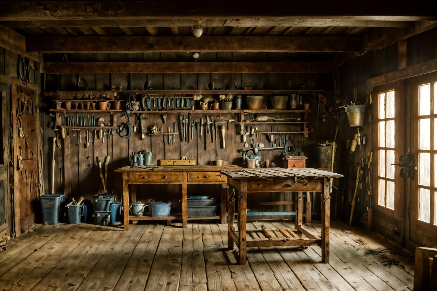 traditional-style (workshop interior) with wooden workbench and messy and tool wall and wooden workbench. . . cinematic photo, highly detailed, cinematic lighting, ultra-detailed, ultrarealistic, photorealism, 8k. traditional interior design style. masterpiece, cinematic light, ultrarealistic+, photorealistic+, 8k, raw photo, realistic, sharp focus on eyes, (symmetrical eyes), (intact eyes), hyperrealistic, highest quality, best quality, , highly detailed, masterpiece, best quality, extremely detailed 8k wallpaper, masterpiece, best quality, ultra-detailed, best shadow, detailed background, detailed face, detailed eyes, high contrast, best illumination, detailed face, dulux, caustic, dynamic angle, detailed glow. dramatic lighting. highly detailed, insanely detailed hair, symmetrical, intricate details, professionally retouched, 8k high definition. strong bokeh. award winning photo.