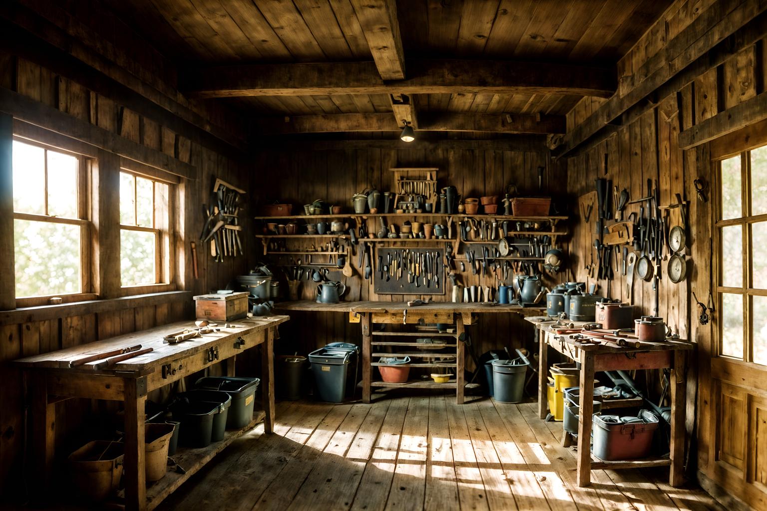 traditional-style (workshop interior) with wooden workbench and messy and tool wall and wooden workbench. . . cinematic photo, highly detailed, cinematic lighting, ultra-detailed, ultrarealistic, photorealism, 8k. traditional interior design style. masterpiece, cinematic light, ultrarealistic+, photorealistic+, 8k, raw photo, realistic, sharp focus on eyes, (symmetrical eyes), (intact eyes), hyperrealistic, highest quality, best quality, , highly detailed, masterpiece, best quality, extremely detailed 8k wallpaper, masterpiece, best quality, ultra-detailed, best shadow, detailed background, detailed face, detailed eyes, high contrast, best illumination, detailed face, dulux, caustic, dynamic angle, detailed glow. dramatic lighting. highly detailed, insanely detailed hair, symmetrical, intricate details, professionally retouched, 8k high definition. strong bokeh. award winning photo.