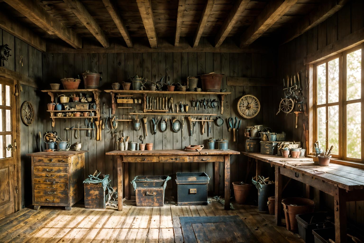 traditional-style (workshop interior) with wooden workbench and messy and tool wall and wooden workbench. . . cinematic photo, highly detailed, cinematic lighting, ultra-detailed, ultrarealistic, photorealism, 8k. traditional interior design style. masterpiece, cinematic light, ultrarealistic+, photorealistic+, 8k, raw photo, realistic, sharp focus on eyes, (symmetrical eyes), (intact eyes), hyperrealistic, highest quality, best quality, , highly detailed, masterpiece, best quality, extremely detailed 8k wallpaper, masterpiece, best quality, ultra-detailed, best shadow, detailed background, detailed face, detailed eyes, high contrast, best illumination, detailed face, dulux, caustic, dynamic angle, detailed glow. dramatic lighting. highly detailed, insanely detailed hair, symmetrical, intricate details, professionally retouched, 8k high definition. strong bokeh. award winning photo.