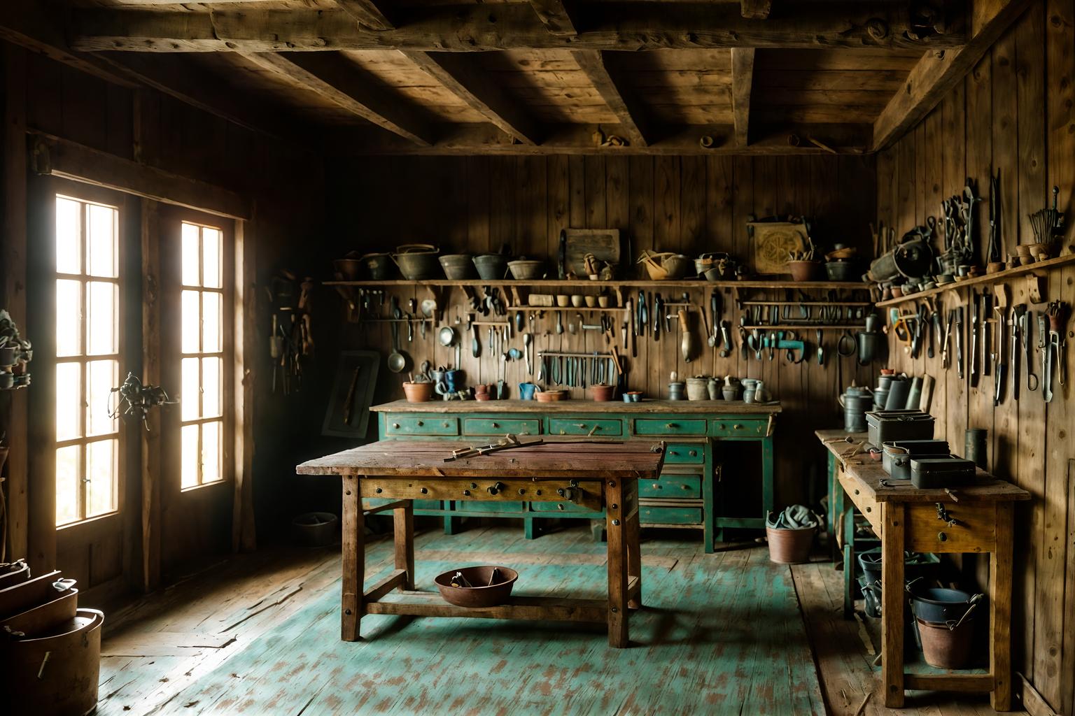 traditional-style (workshop interior) with wooden workbench and messy and tool wall and wooden workbench. . . cinematic photo, highly detailed, cinematic lighting, ultra-detailed, ultrarealistic, photorealism, 8k. traditional interior design style. masterpiece, cinematic light, ultrarealistic+, photorealistic+, 8k, raw photo, realistic, sharp focus on eyes, (symmetrical eyes), (intact eyes), hyperrealistic, highest quality, best quality, , highly detailed, masterpiece, best quality, extremely detailed 8k wallpaper, masterpiece, best quality, ultra-detailed, best shadow, detailed background, detailed face, detailed eyes, high contrast, best illumination, detailed face, dulux, caustic, dynamic angle, detailed glow. dramatic lighting. highly detailed, insanely detailed hair, symmetrical, intricate details, professionally retouched, 8k high definition. strong bokeh. award winning photo.