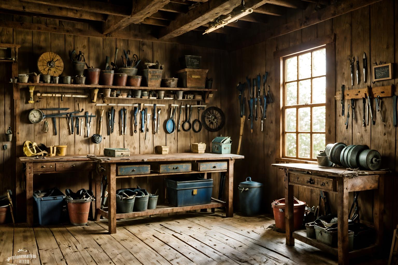 traditional-style (workshop interior) with wooden workbench and messy and tool wall and wooden workbench. . . cinematic photo, highly detailed, cinematic lighting, ultra-detailed, ultrarealistic, photorealism, 8k. traditional interior design style. masterpiece, cinematic light, ultrarealistic+, photorealistic+, 8k, raw photo, realistic, sharp focus on eyes, (symmetrical eyes), (intact eyes), hyperrealistic, highest quality, best quality, , highly detailed, masterpiece, best quality, extremely detailed 8k wallpaper, masterpiece, best quality, ultra-detailed, best shadow, detailed background, detailed face, detailed eyes, high contrast, best illumination, detailed face, dulux, caustic, dynamic angle, detailed glow. dramatic lighting. highly detailed, insanely detailed hair, symmetrical, intricate details, professionally retouched, 8k high definition. strong bokeh. award winning photo.