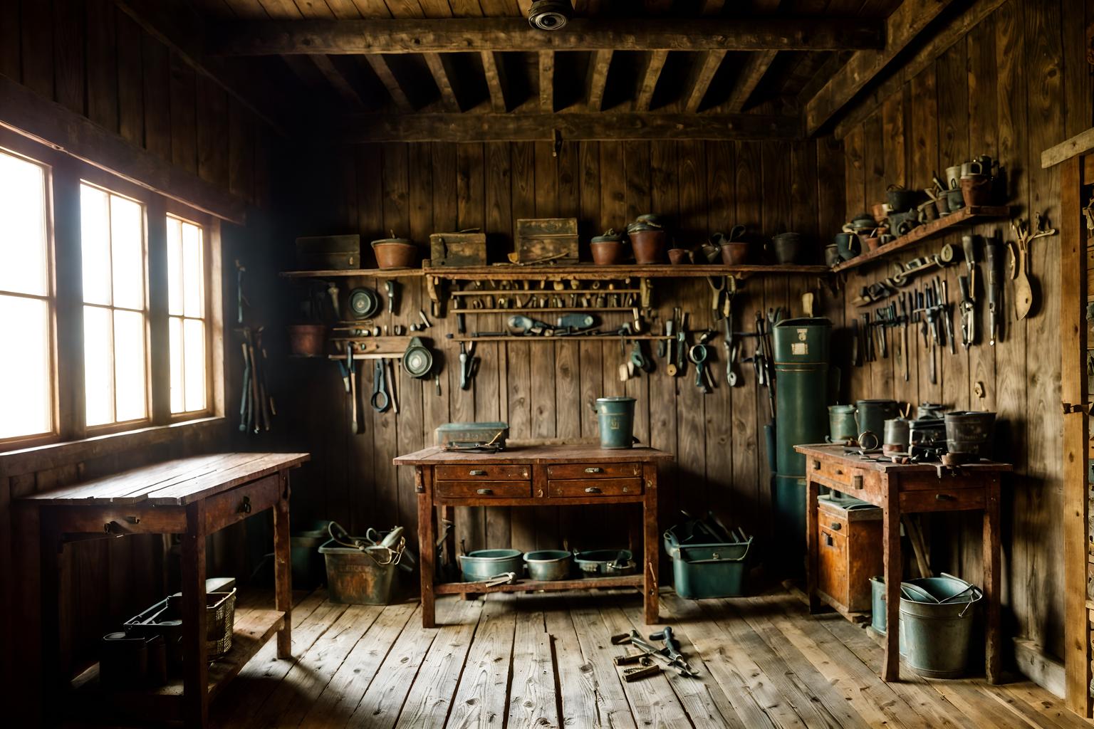 traditional-style (workshop interior) with wooden workbench and messy and tool wall and wooden workbench. . . cinematic photo, highly detailed, cinematic lighting, ultra-detailed, ultrarealistic, photorealism, 8k. traditional interior design style. masterpiece, cinematic light, ultrarealistic+, photorealistic+, 8k, raw photo, realistic, sharp focus on eyes, (symmetrical eyes), (intact eyes), hyperrealistic, highest quality, best quality, , highly detailed, masterpiece, best quality, extremely detailed 8k wallpaper, masterpiece, best quality, ultra-detailed, best shadow, detailed background, detailed face, detailed eyes, high contrast, best illumination, detailed face, dulux, caustic, dynamic angle, detailed glow. dramatic lighting. highly detailed, insanely detailed hair, symmetrical, intricate details, professionally retouched, 8k high definition. strong bokeh. award winning photo.