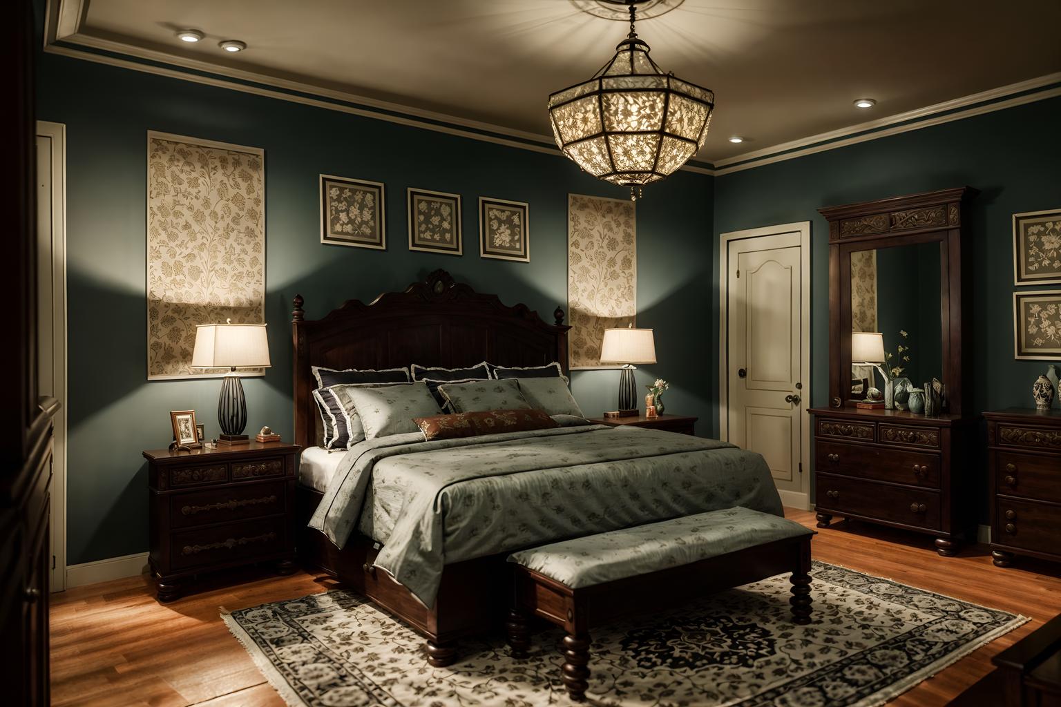 traditional-style (bedroom interior) with bed and dresser closet and bedside table or night stand and mirror and accent chair and storage bench or ottoman and headboard and night light. . . cinematic photo, highly detailed, cinematic lighting, ultra-detailed, ultrarealistic, photorealism, 8k. traditional interior design style. masterpiece, cinematic light, ultrarealistic+, photorealistic+, 8k, raw photo, realistic, sharp focus on eyes, (symmetrical eyes), (intact eyes), hyperrealistic, highest quality, best quality, , highly detailed, masterpiece, best quality, extremely detailed 8k wallpaper, masterpiece, best quality, ultra-detailed, best shadow, detailed background, detailed face, detailed eyes, high contrast, best illumination, detailed face, dulux, caustic, dynamic angle, detailed glow. dramatic lighting. highly detailed, insanely detailed hair, symmetrical, intricate details, professionally retouched, 8k high definition. strong bokeh. award winning photo.