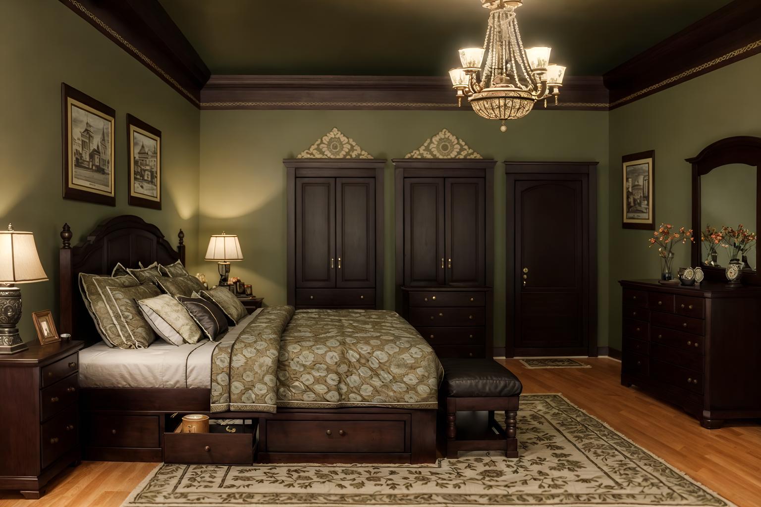 traditional-style (bedroom interior) with bed and dresser closet and bedside table or night stand and mirror and accent chair and storage bench or ottoman and headboard and night light. . . cinematic photo, highly detailed, cinematic lighting, ultra-detailed, ultrarealistic, photorealism, 8k. traditional interior design style. masterpiece, cinematic light, ultrarealistic+, photorealistic+, 8k, raw photo, realistic, sharp focus on eyes, (symmetrical eyes), (intact eyes), hyperrealistic, highest quality, best quality, , highly detailed, masterpiece, best quality, extremely detailed 8k wallpaper, masterpiece, best quality, ultra-detailed, best shadow, detailed background, detailed face, detailed eyes, high contrast, best illumination, detailed face, dulux, caustic, dynamic angle, detailed glow. dramatic lighting. highly detailed, insanely detailed hair, symmetrical, intricate details, professionally retouched, 8k high definition. strong bokeh. award winning photo.