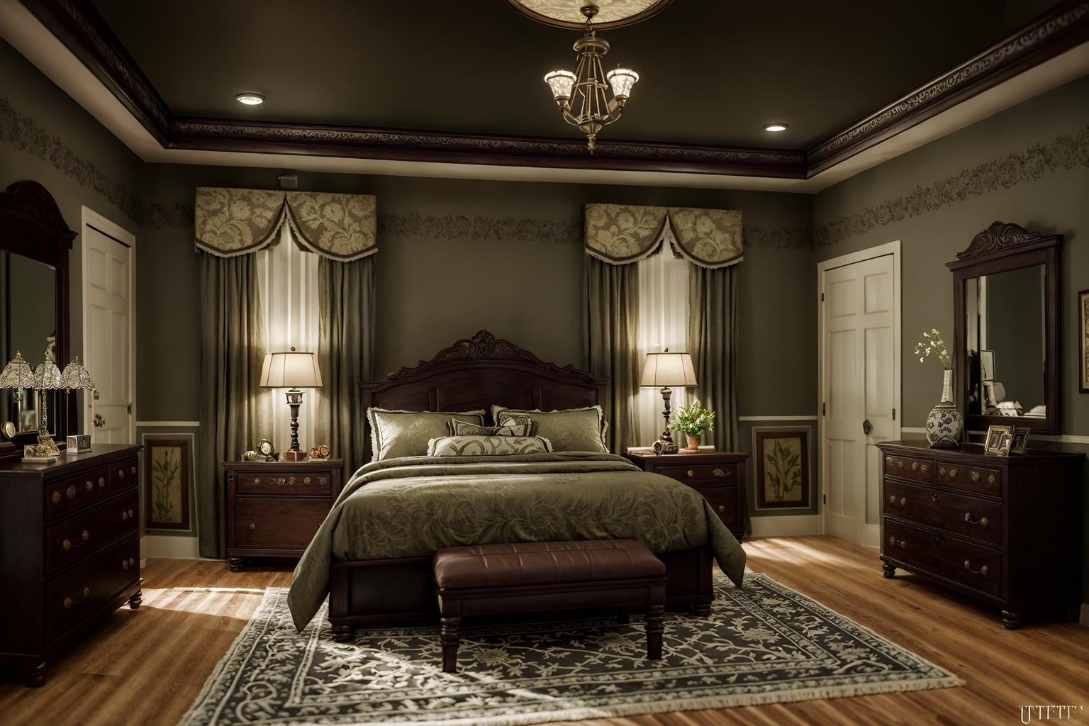 traditional-style (bedroom interior) with bed and dresser closet and bedside table or night stand and mirror and accent chair and storage bench or ottoman and headboard and night light. . . cinematic photo, highly detailed, cinematic lighting, ultra-detailed, ultrarealistic, photorealism, 8k. traditional interior design style. masterpiece, cinematic light, ultrarealistic+, photorealistic+, 8k, raw photo, realistic, sharp focus on eyes, (symmetrical eyes), (intact eyes), hyperrealistic, highest quality, best quality, , highly detailed, masterpiece, best quality, extremely detailed 8k wallpaper, masterpiece, best quality, ultra-detailed, best shadow, detailed background, detailed face, detailed eyes, high contrast, best illumination, detailed face, dulux, caustic, dynamic angle, detailed glow. dramatic lighting. highly detailed, insanely detailed hair, symmetrical, intricate details, professionally retouched, 8k high definition. strong bokeh. award winning photo.