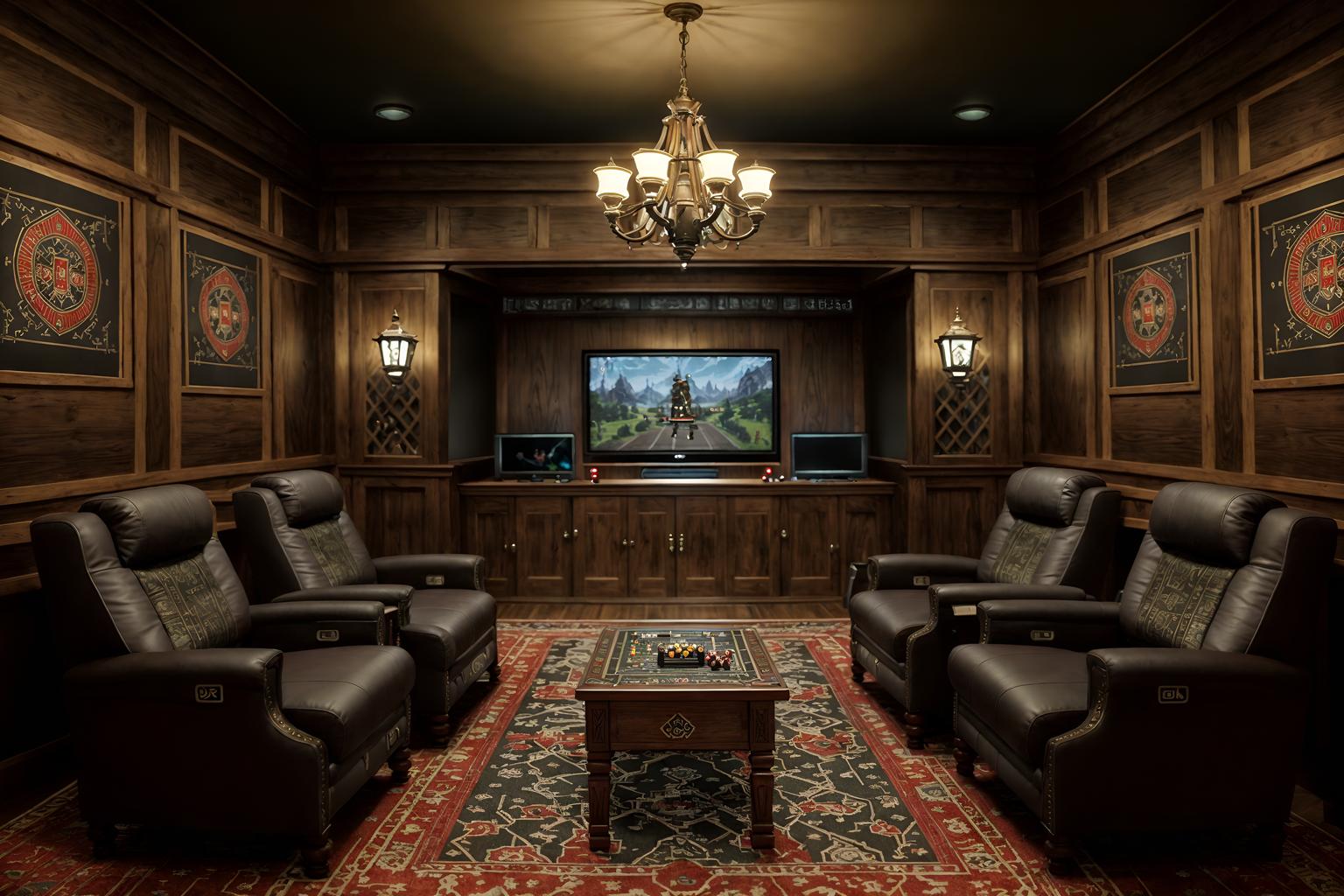 traditional-style (gaming room interior) . . cinematic photo, highly detailed, cinematic lighting, ultra-detailed, ultrarealistic, photorealism, 8k. traditional interior design style. masterpiece, cinematic light, ultrarealistic+, photorealistic+, 8k, raw photo, realistic, sharp focus on eyes, (symmetrical eyes), (intact eyes), hyperrealistic, highest quality, best quality, , highly detailed, masterpiece, best quality, extremely detailed 8k wallpaper, masterpiece, best quality, ultra-detailed, best shadow, detailed background, detailed face, detailed eyes, high contrast, best illumination, detailed face, dulux, caustic, dynamic angle, detailed glow. dramatic lighting. highly detailed, insanely detailed hair, symmetrical, intricate details, professionally retouched, 8k high definition. strong bokeh. award winning photo.