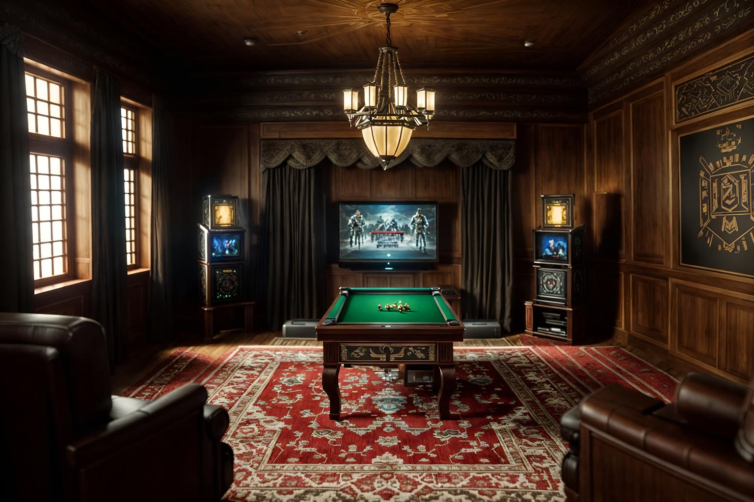 traditional-style (gaming room interior) . . cinematic photo, highly detailed, cinematic lighting, ultra-detailed, ultrarealistic, photorealism, 8k. traditional interior design style. masterpiece, cinematic light, ultrarealistic+, photorealistic+, 8k, raw photo, realistic, sharp focus on eyes, (symmetrical eyes), (intact eyes), hyperrealistic, highest quality, best quality, , highly detailed, masterpiece, best quality, extremely detailed 8k wallpaper, masterpiece, best quality, ultra-detailed, best shadow, detailed background, detailed face, detailed eyes, high contrast, best illumination, detailed face, dulux, caustic, dynamic angle, detailed glow. dramatic lighting. highly detailed, insanely detailed hair, symmetrical, intricate details, professionally retouched, 8k high definition. strong bokeh. award winning photo.