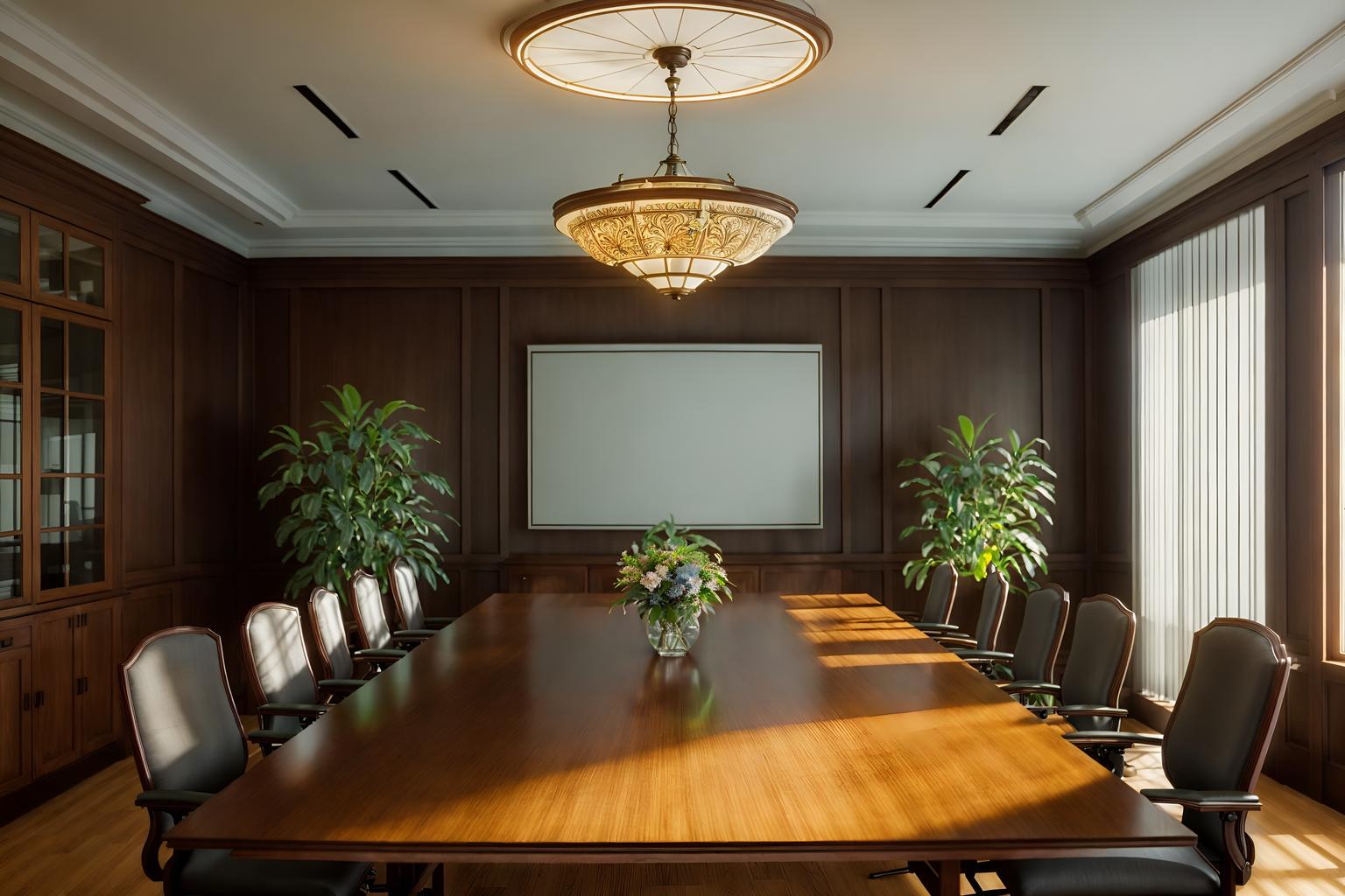 traditional-style (meeting room interior) with office chairs and painting or photo on wall and plant and boardroom table and cabinets and vase and glass walls and glass doors. . . cinematic photo, highly detailed, cinematic lighting, ultra-detailed, ultrarealistic, photorealism, 8k. traditional interior design style. masterpiece, cinematic light, ultrarealistic+, photorealistic+, 8k, raw photo, realistic, sharp focus on eyes, (symmetrical eyes), (intact eyes), hyperrealistic, highest quality, best quality, , highly detailed, masterpiece, best quality, extremely detailed 8k wallpaper, masterpiece, best quality, ultra-detailed, best shadow, detailed background, detailed face, detailed eyes, high contrast, best illumination, detailed face, dulux, caustic, dynamic angle, detailed glow. dramatic lighting. highly detailed, insanely detailed hair, symmetrical, intricate details, professionally retouched, 8k high definition. strong bokeh. award winning photo.