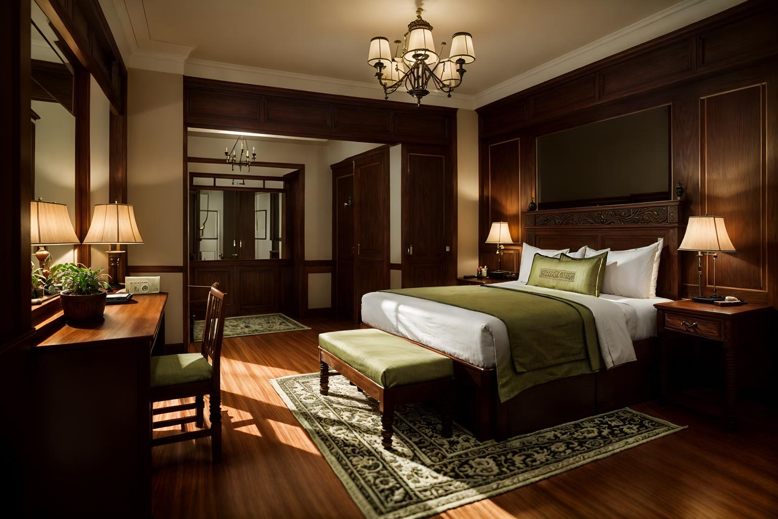 traditional-style (hotel room interior) with plant and storage bench or ottoman and dresser closet and bed and mirror and working desk with desk chair and hotel bathroom and bedside table or night stand. . . cinematic photo, highly detailed, cinematic lighting, ultra-detailed, ultrarealistic, photorealism, 8k. traditional interior design style. masterpiece, cinematic light, ultrarealistic+, photorealistic+, 8k, raw photo, realistic, sharp focus on eyes, (symmetrical eyes), (intact eyes), hyperrealistic, highest quality, best quality, , highly detailed, masterpiece, best quality, extremely detailed 8k wallpaper, masterpiece, best quality, ultra-detailed, best shadow, detailed background, detailed face, detailed eyes, high contrast, best illumination, detailed face, dulux, caustic, dynamic angle, detailed glow. dramatic lighting. highly detailed, insanely detailed hair, symmetrical, intricate details, professionally retouched, 8k high definition. strong bokeh. award winning photo.