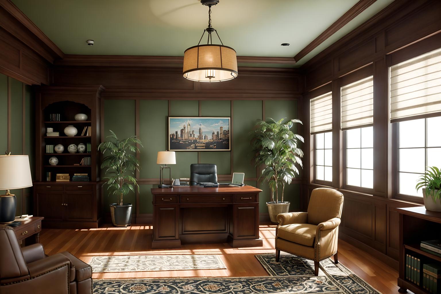 traditional-style (office interior) with desk lamps and office desks and lounge chairs and cabinets and plants and seating area with sofa and windows and office chairs. . . cinematic photo, highly detailed, cinematic lighting, ultra-detailed, ultrarealistic, photorealism, 8k. traditional interior design style. masterpiece, cinematic light, ultrarealistic+, photorealistic+, 8k, raw photo, realistic, sharp focus on eyes, (symmetrical eyes), (intact eyes), hyperrealistic, highest quality, best quality, , highly detailed, masterpiece, best quality, extremely detailed 8k wallpaper, masterpiece, best quality, ultra-detailed, best shadow, detailed background, detailed face, detailed eyes, high contrast, best illumination, detailed face, dulux, caustic, dynamic angle, detailed glow. dramatic lighting. highly detailed, insanely detailed hair, symmetrical, intricate details, professionally retouched, 8k high definition. strong bokeh. award winning photo.