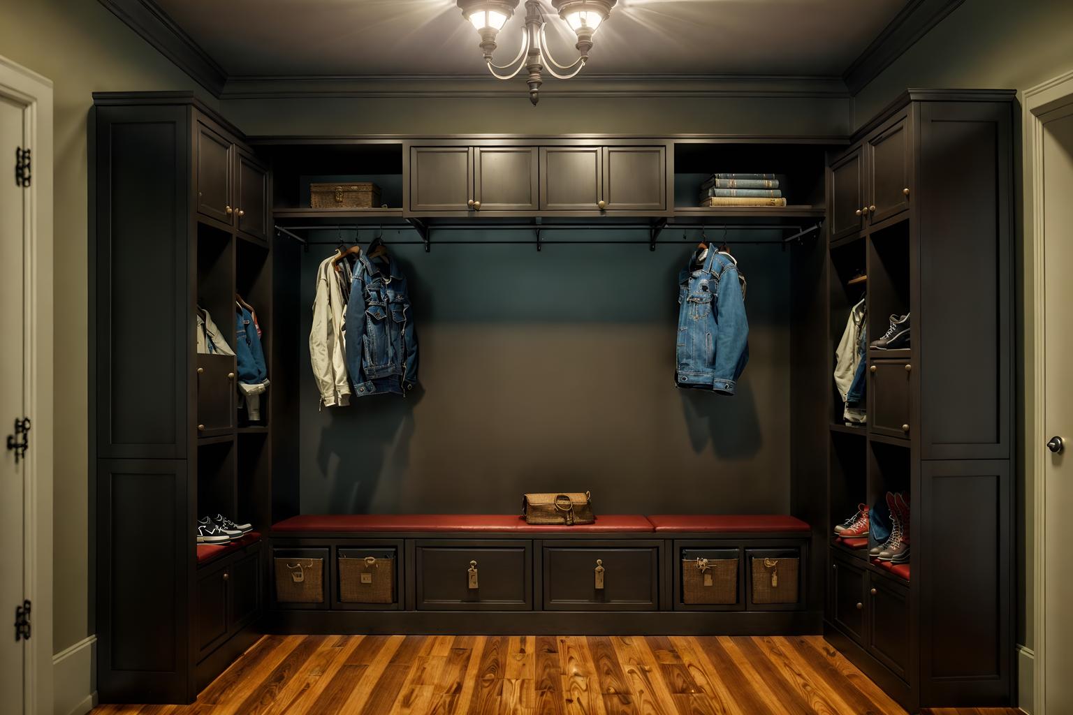 traditional-style (drop zone interior) with lockers and a bench and cubbies and storage drawers and high up storage and wall hooks for coats and cabinets and shelves for shoes. . . cinematic photo, highly detailed, cinematic lighting, ultra-detailed, ultrarealistic, photorealism, 8k. traditional interior design style. masterpiece, cinematic light, ultrarealistic+, photorealistic+, 8k, raw photo, realistic, sharp focus on eyes, (symmetrical eyes), (intact eyes), hyperrealistic, highest quality, best quality, , highly detailed, masterpiece, best quality, extremely detailed 8k wallpaper, masterpiece, best quality, ultra-detailed, best shadow, detailed background, detailed face, detailed eyes, high contrast, best illumination, detailed face, dulux, caustic, dynamic angle, detailed glow. dramatic lighting. highly detailed, insanely detailed hair, symmetrical, intricate details, professionally retouched, 8k high definition. strong bokeh. award winning photo.